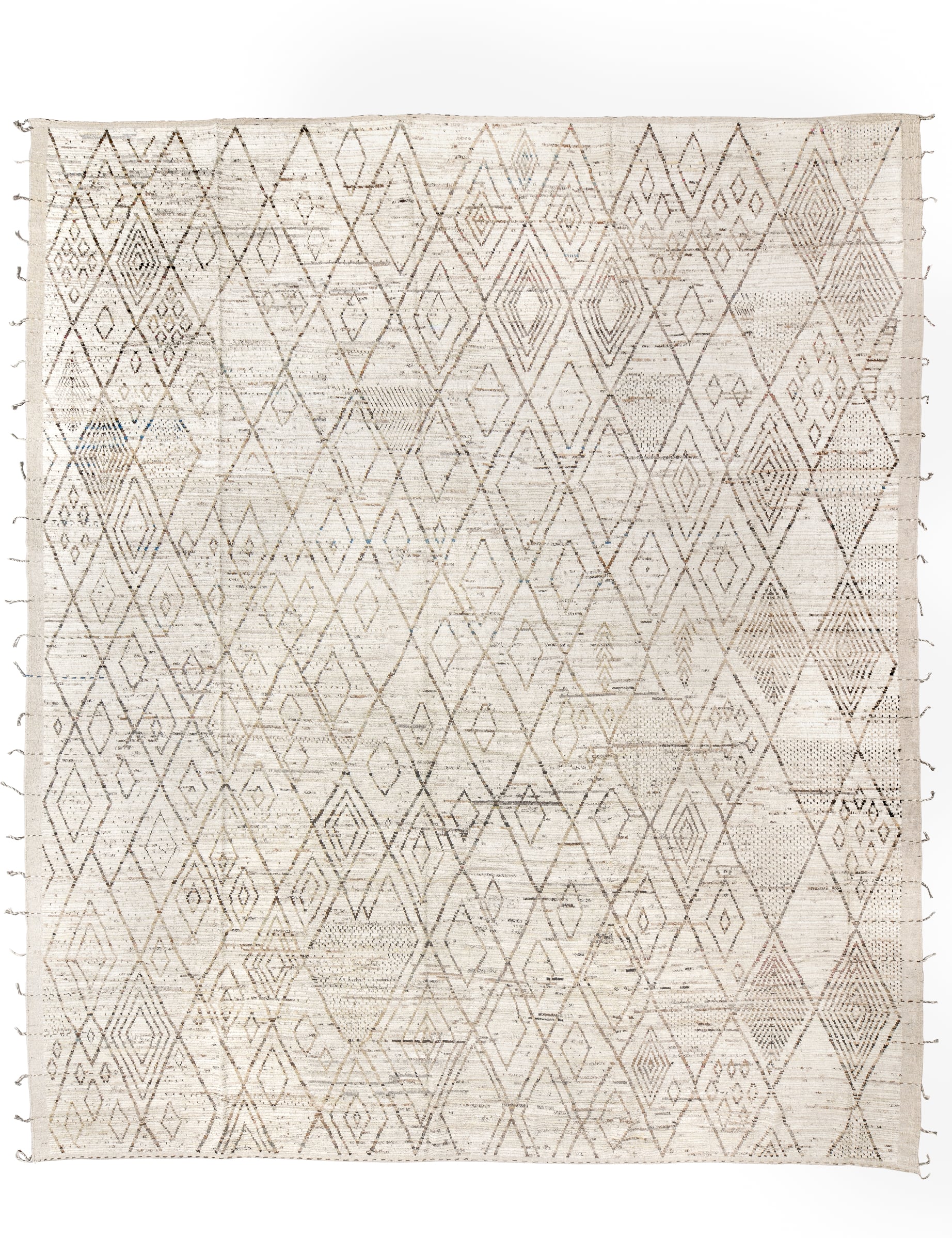 13' x 16' one-of-a-kind handmade vintage Tulu oversize rug. Color palette: ivory, cream, taupe, light brown, sand