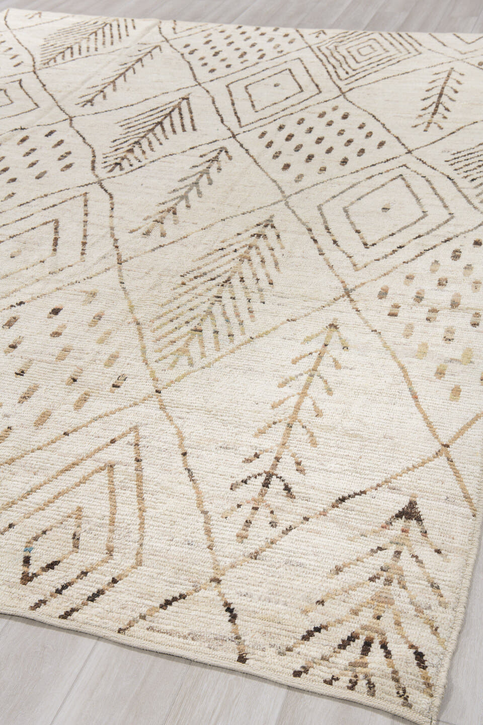 10' x 13' one-of-a-kind handmade vintage Tulu large size rug. Color palette: ivory, brown, taupe, camel, beige, gray