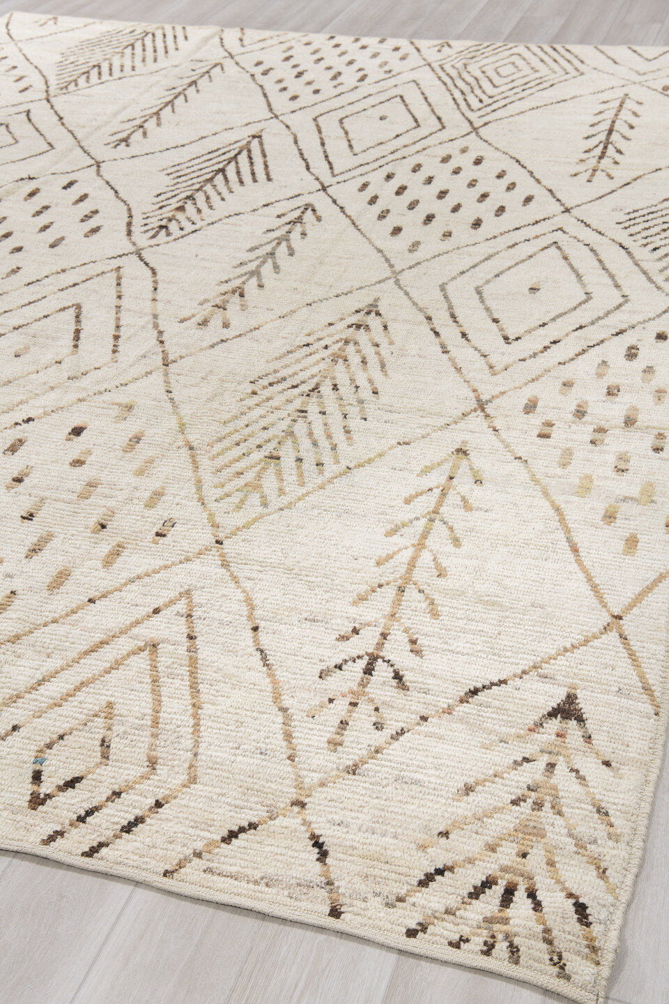 10' x 13' one-of-a-kind handmade vintage Tulu large size rug. Color palette: ivory, brown, taupe, camel, beige, gray