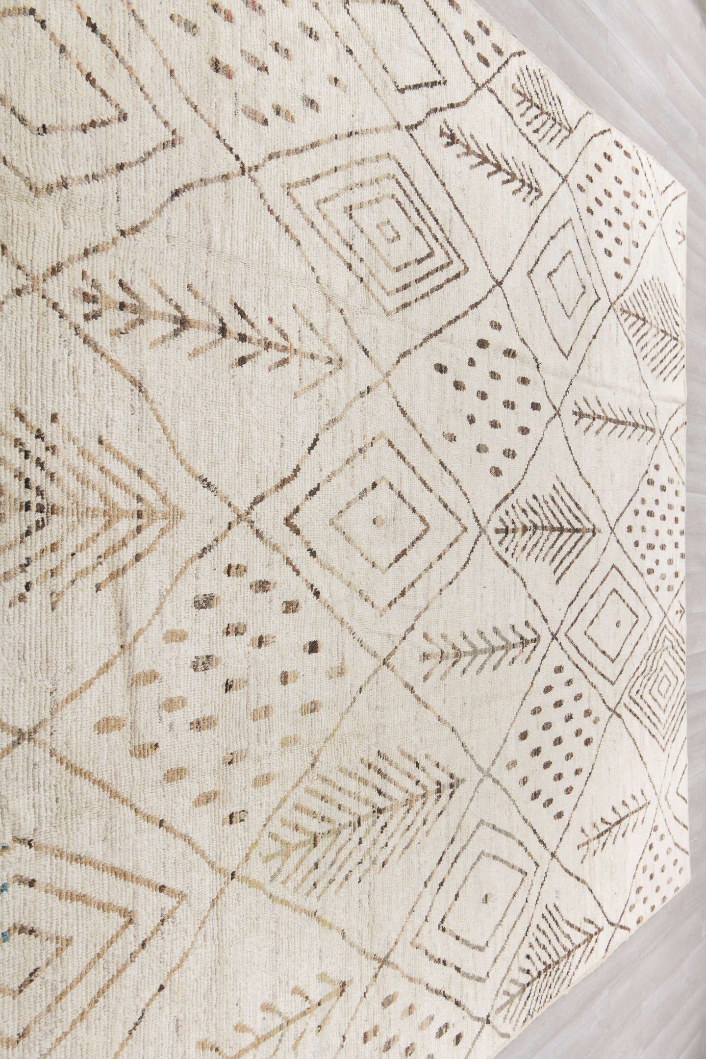 10' x 13' one-of-a-kind handmade vintage Tulu large size rug. Color palette: ivory, brown, taupe, camel, beige, gray