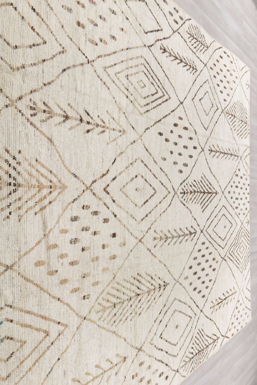 10' x 13' one-of-a-kind handmade vintage Tulu large size rug. Color palette: ivory, brown, taupe, camel, beige, gray