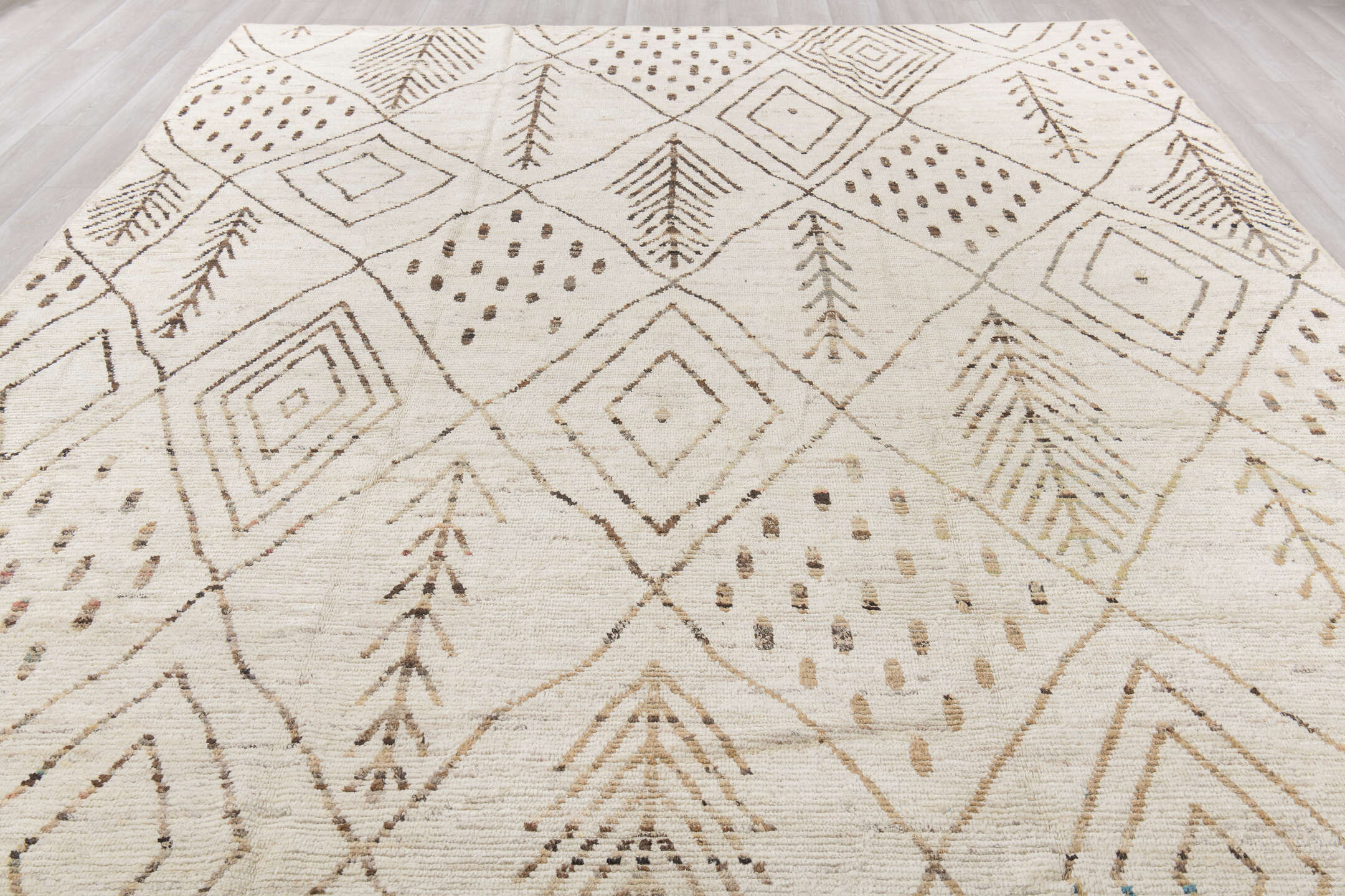 10' x 13' one-of-a-kind handmade vintage Tulu large size rug. Color palette: black, brown, dim gray, gainsboro, gray