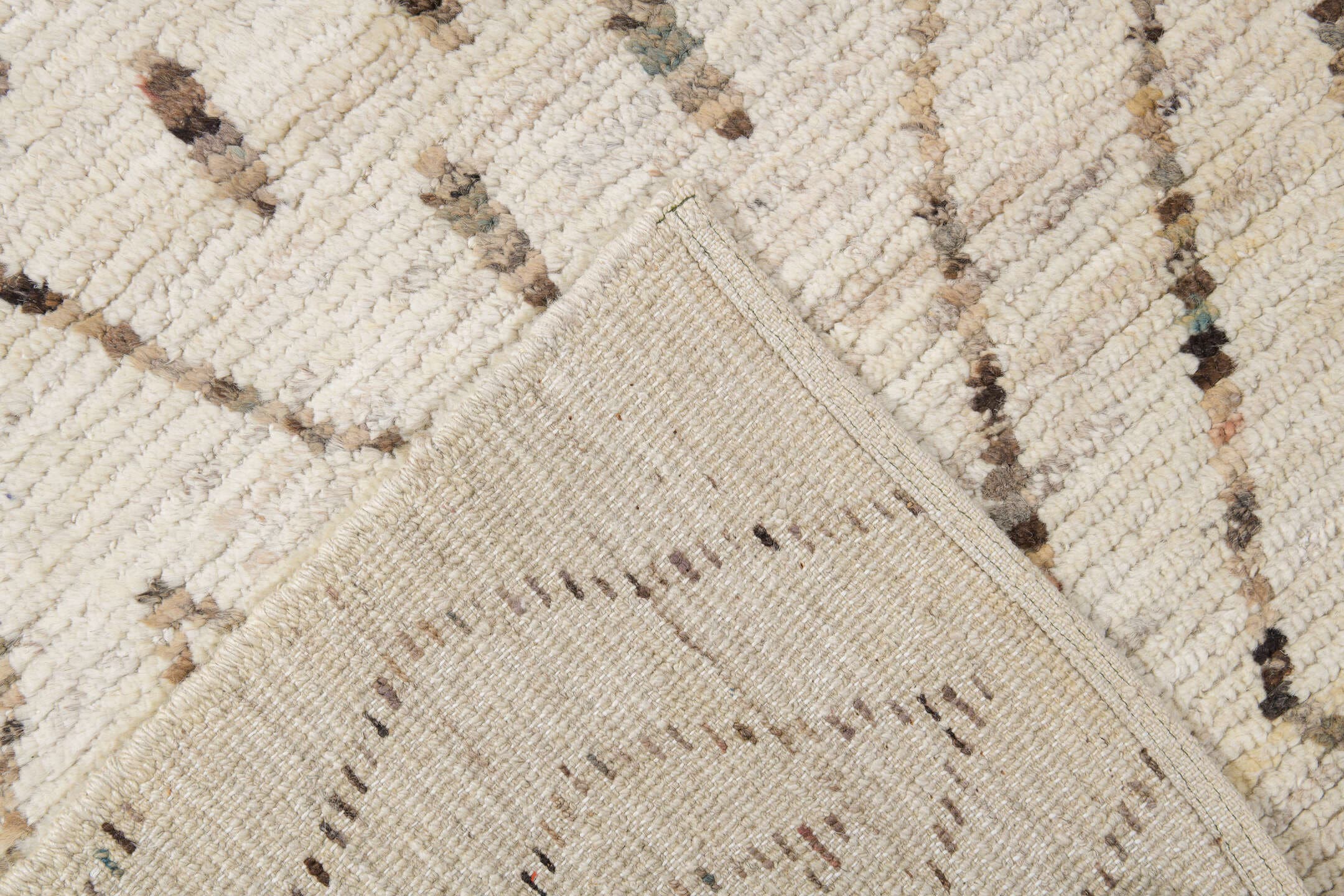 10' x 13' one-of-a-kind handmade vintage Tulu large size rug. Color palette: ivory, brown, taupe, camel, beige, gray