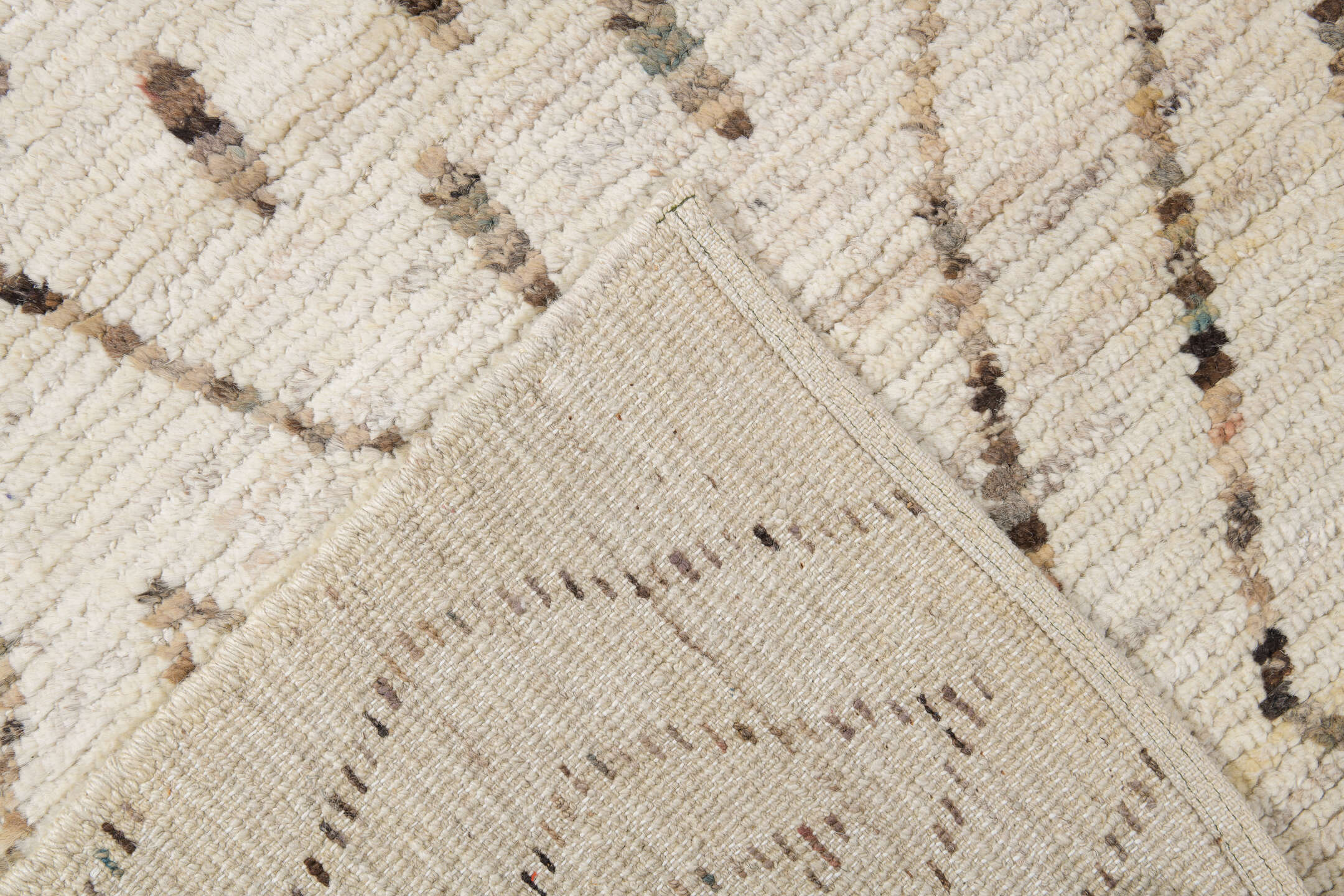 10' x 13' one-of-a-kind handmade vintage Tulu large size rug. Color palette: ivory, brown, taupe, camel, beige, gray