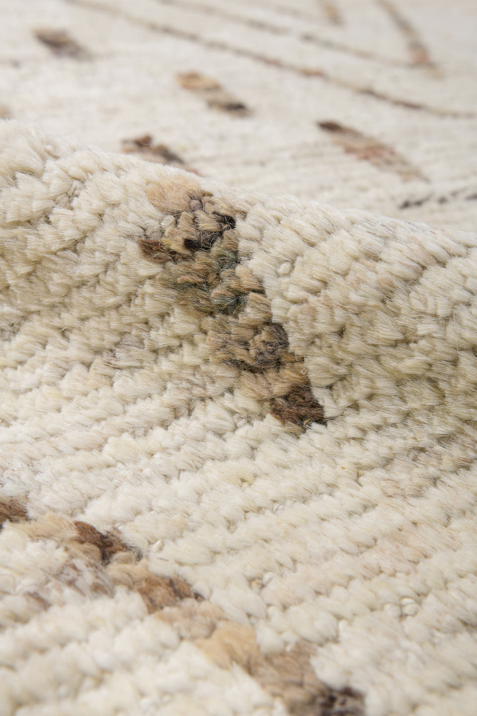 10' x 13' one-of-a-kind handmade vintage Tulu large size rug. Color palette: ivory, brown, taupe, camel, beige, gray