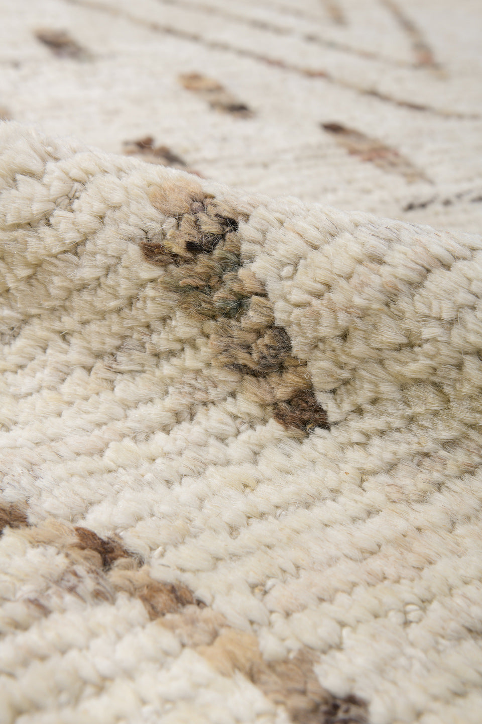 10' x 13' one-of-a-kind handmade vintage Tulu large size rug. Color palette: ivory, brown, taupe, camel, beige, gray