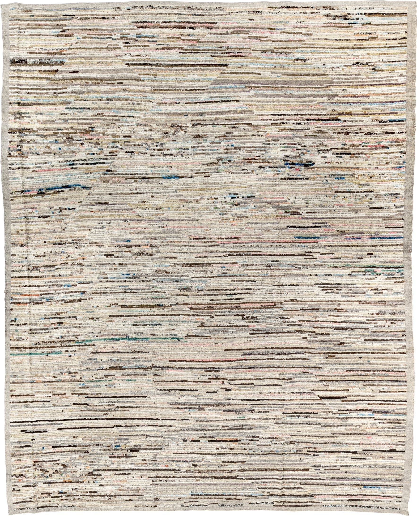 11' x 13' one-of-a-kind handmade vintage Tulu oversize rug. Color palette: ivory, taupe, brown, charcoal, blue, blush, cream