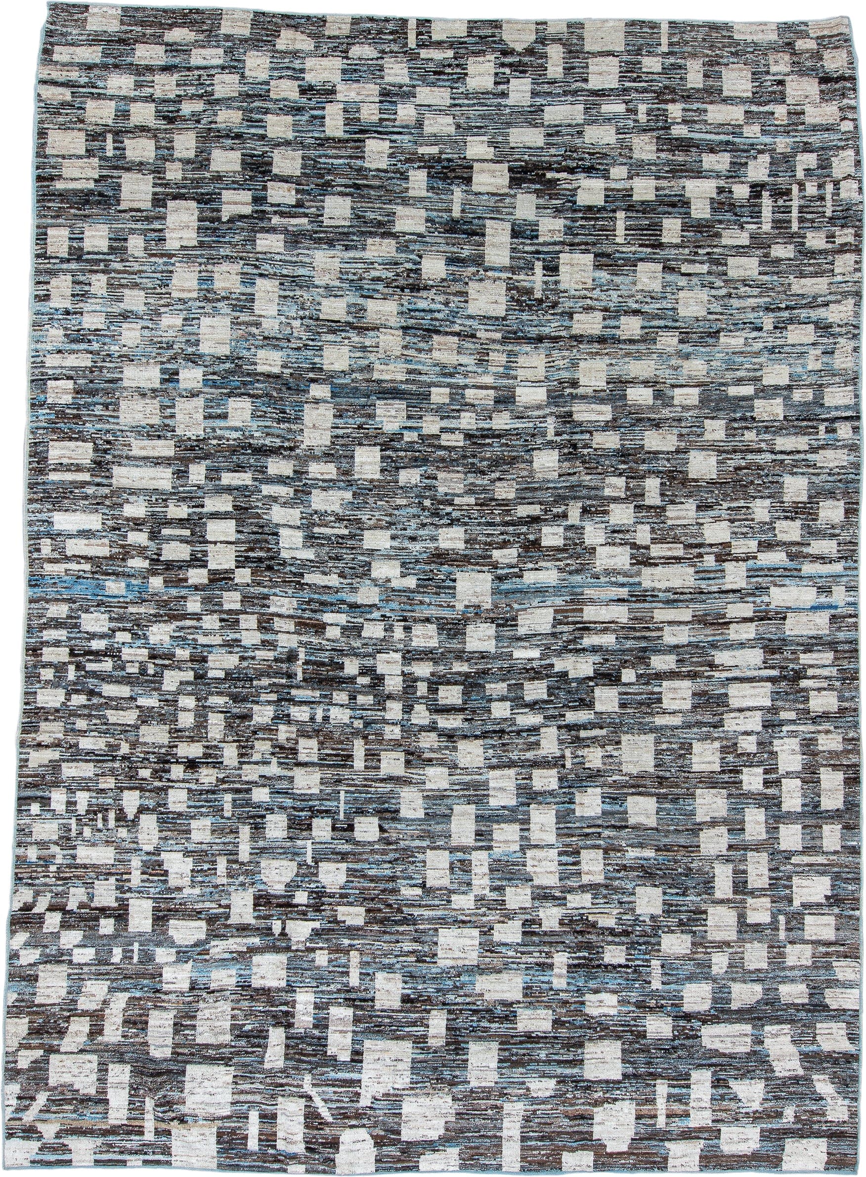 10' x 14' one-of-a-kind handmade vintage Tulu large size rug. Color palette: charcoal, ivory, slate, sky blue, taupe, gray