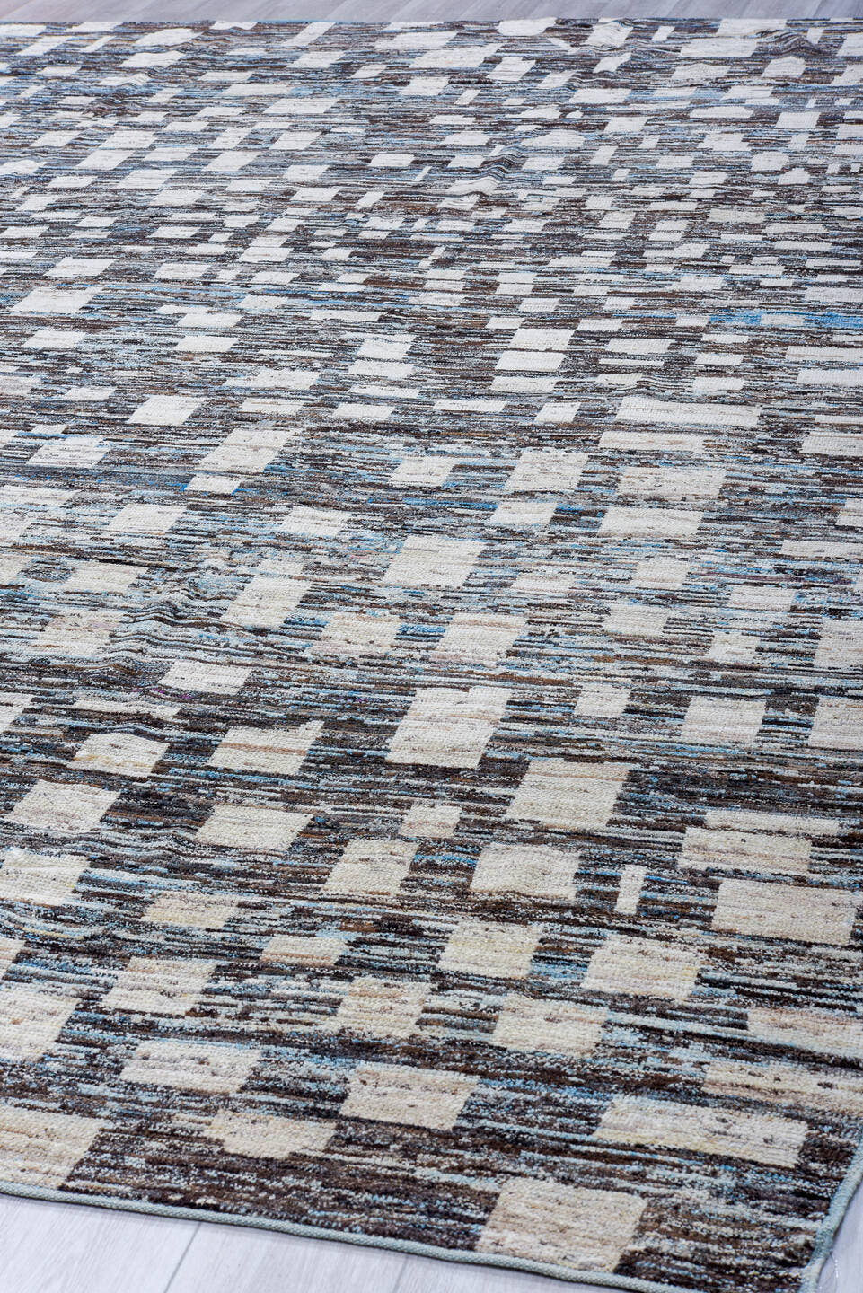 10' x 14' one-of-a-kind handmade vintage Tulu large size rug. Color palette: charcoal, ivory, slate, sky blue, taupe, gray