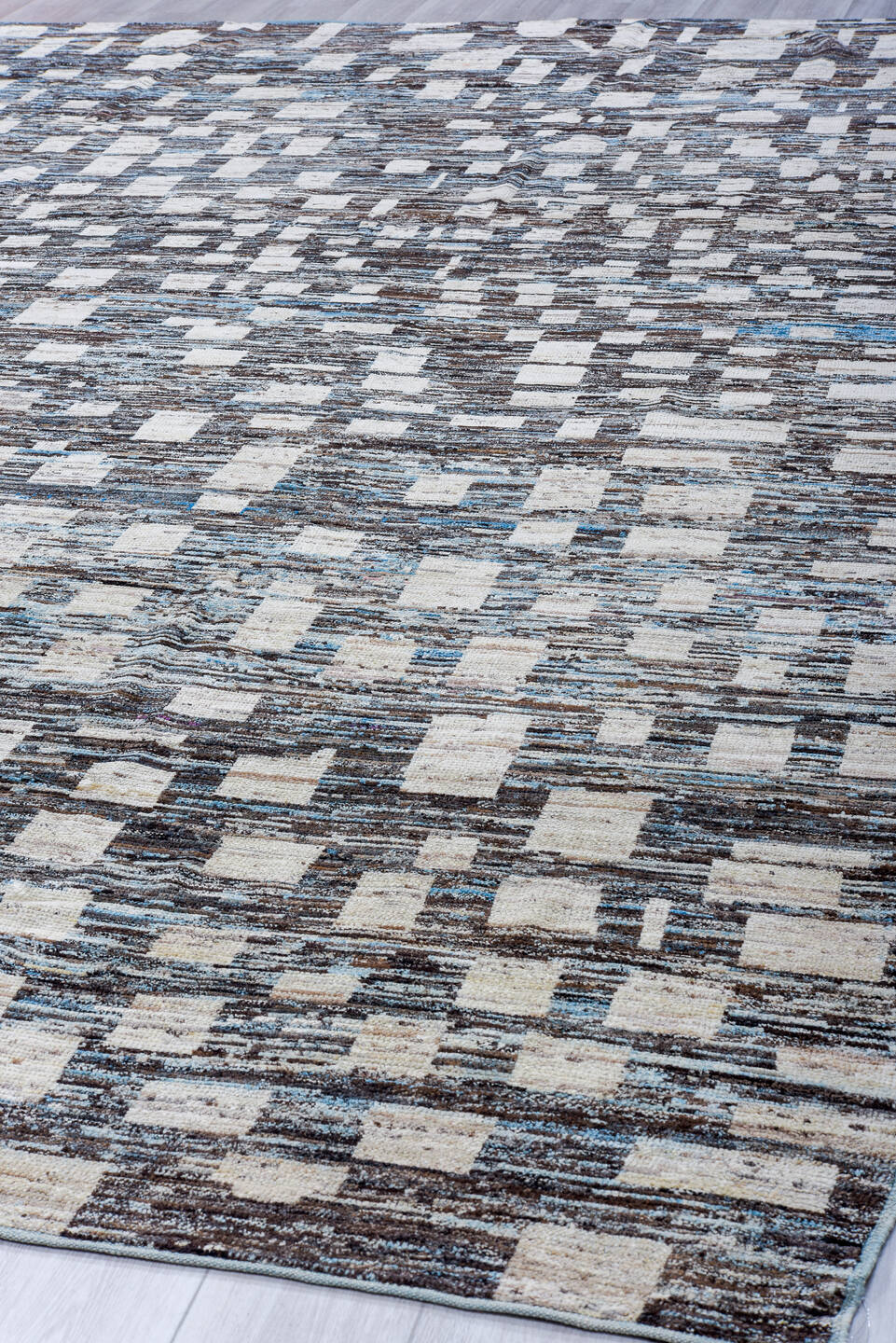 10' x 14' one-of-a-kind handmade vintage Tulu large size rug. Color palette: charcoal, ivory, slate, sky blue, taupe, gray