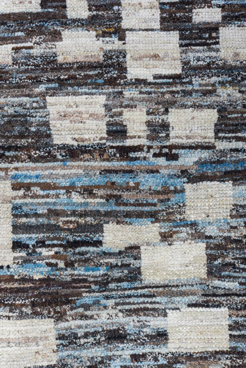 10' x 14' one-of-a-kind handmade vintage Tulu large size rug. Color palette: charcoal, ivory, slate, sky blue, taupe, gray