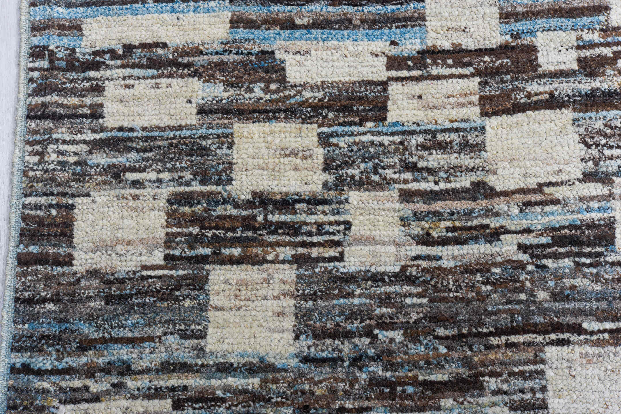 10' x 14' one-of-a-kind handmade vintage Tulu large size rug. Color palette: charcoal, ivory, slate, sky blue, taupe, gray