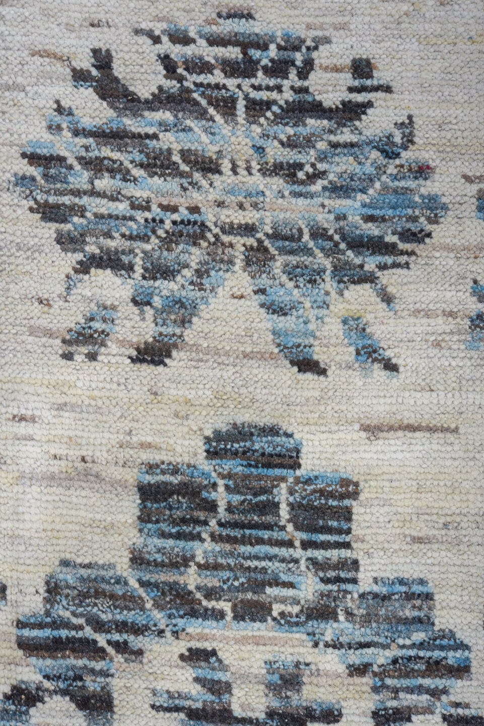 9' x 13' one-of-a-kind handmade vintage Tulu large size rug. Color palette: ivory, charcoal, pale blue, slate, cream, gray