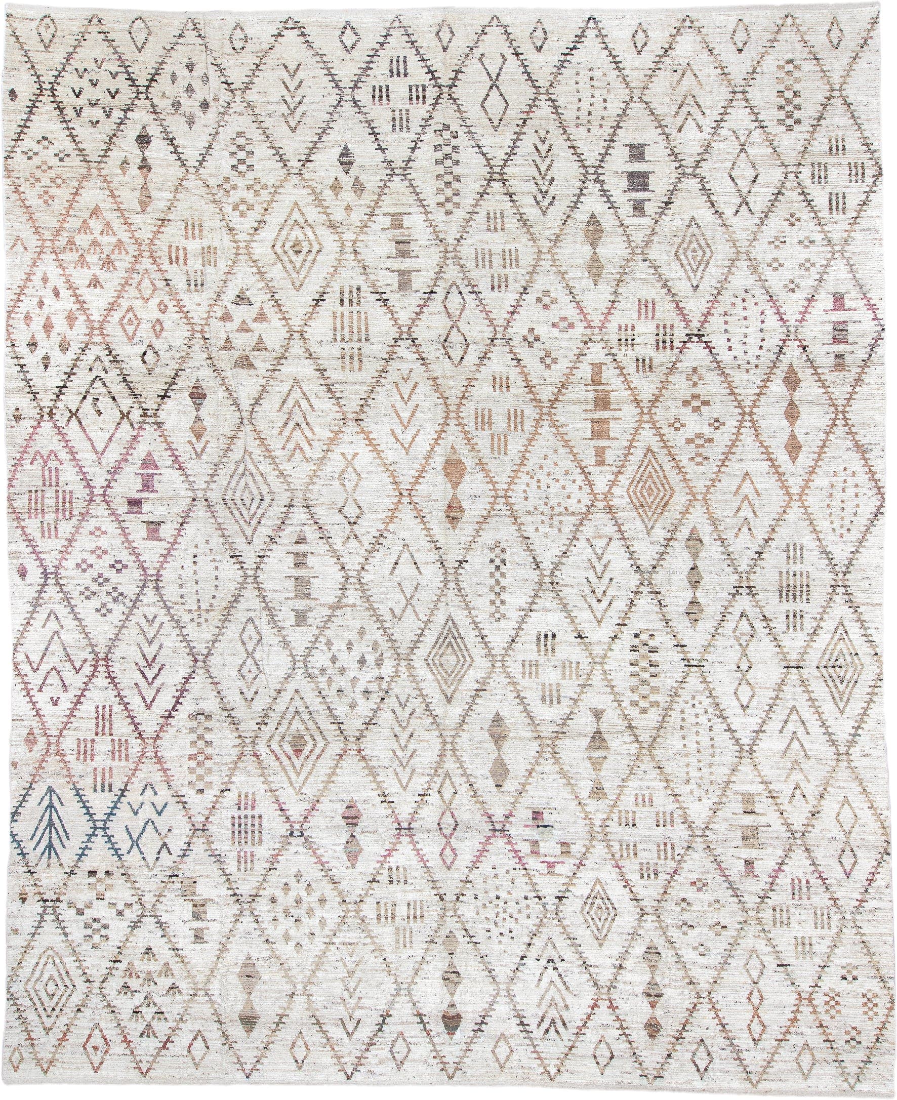 13' x 16' one-of-a-kind handmade vintage Tulu oversize rug. Color palette: ivory, taupe, beige, blush, rose, sage, charcoal