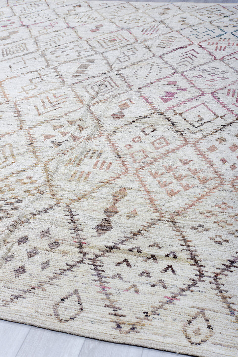 13' x 16' one-of-a-kind handmade vintage Tulu oversize rug. Color palette: ivory, taupe, beige, blush, rose, sage, charcoal