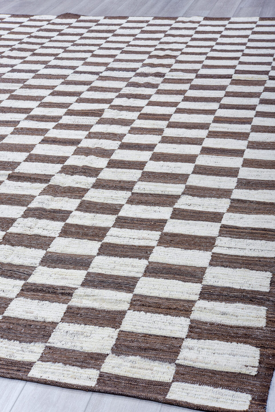 9' x 12' one-of-a-kind handmade vintage Tulu large size rug. Color palette: taupe, ivory, brown, beige, gray