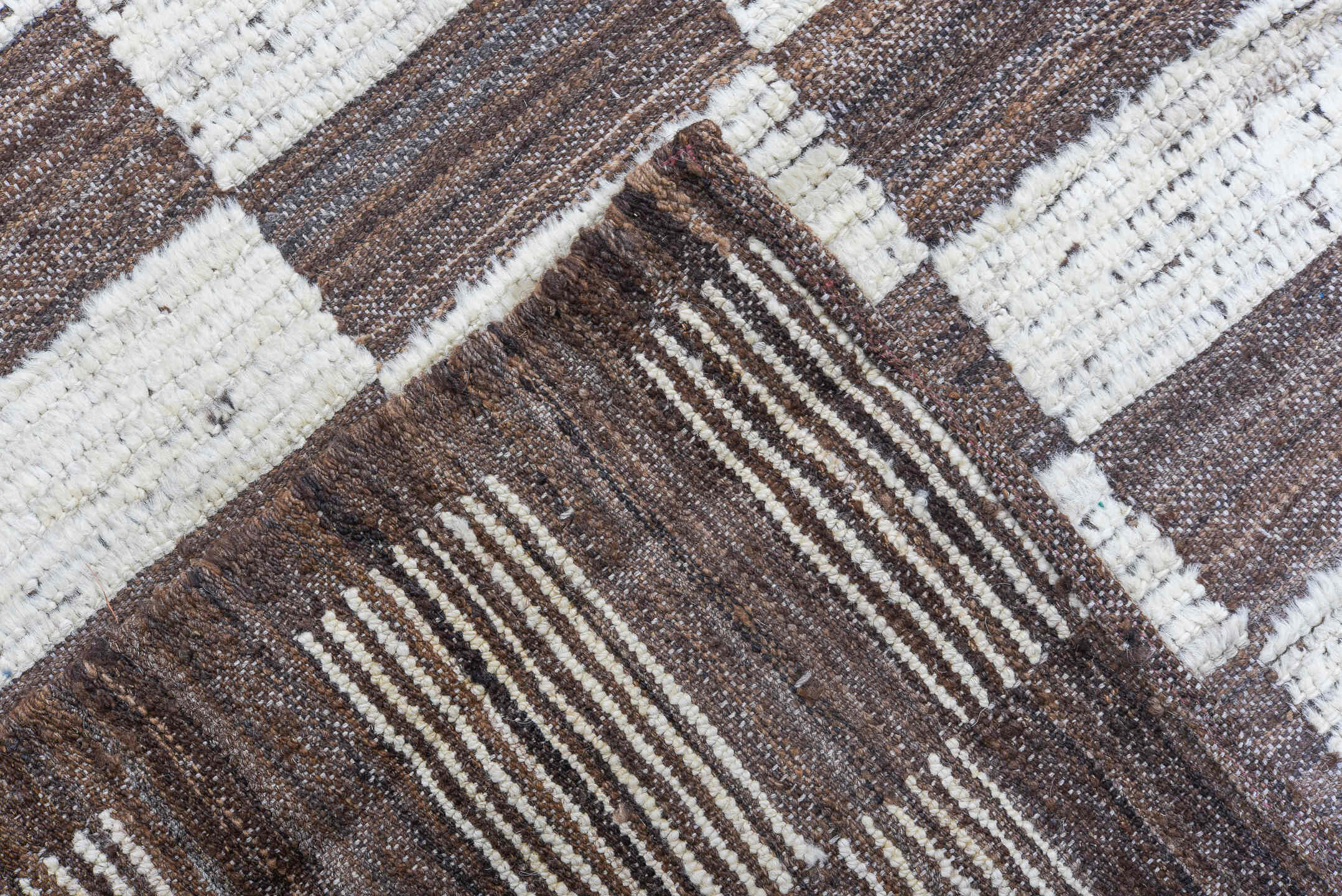 9' x 12' one-of-a-kind handmade vintage Tulu large size rug. Color palette: taupe, ivory, brown, beige, gray