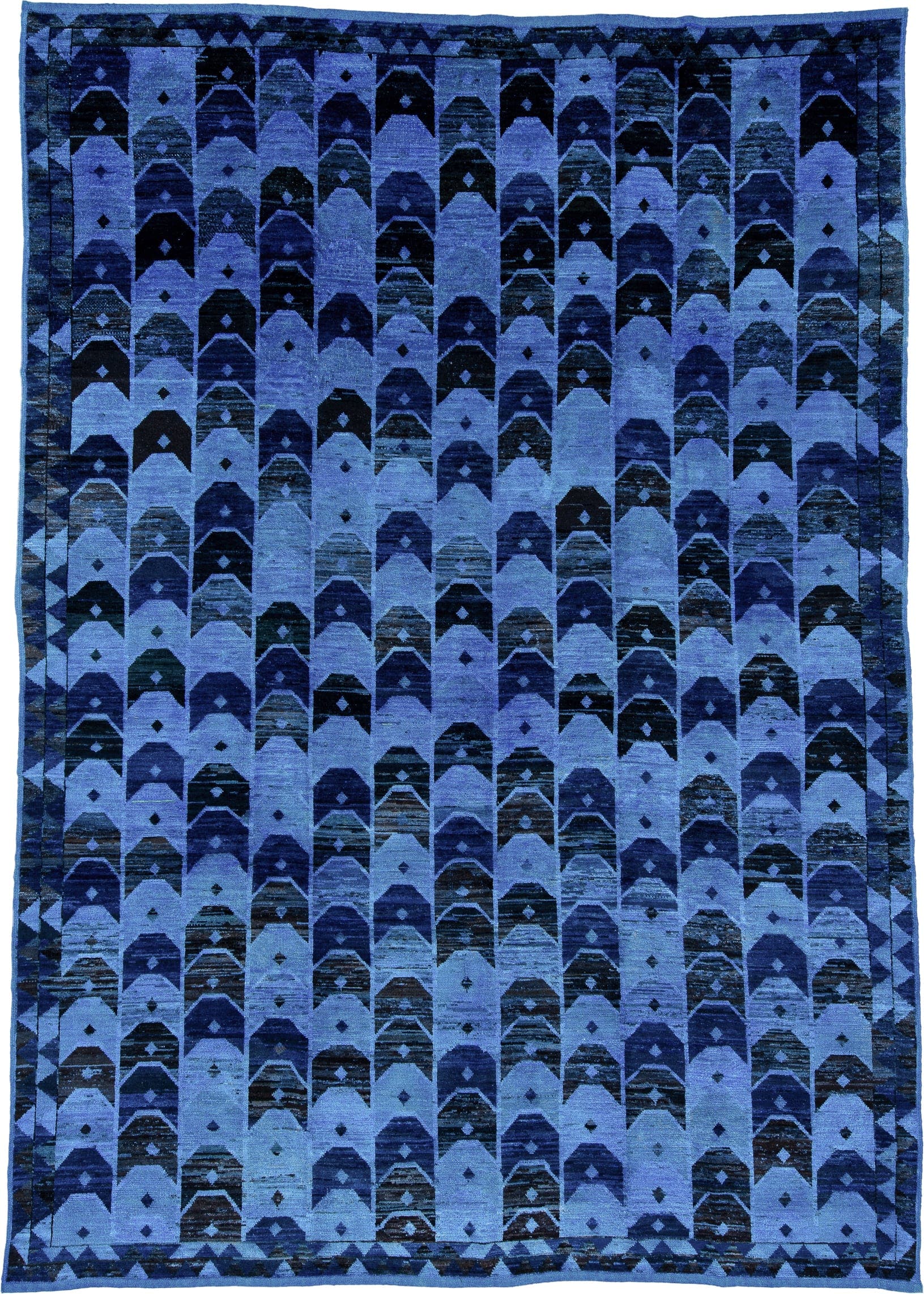 10' x 14' one-of-a-kind handmade vintage Tulu large size rug. Color palette: indigo, sky blue, navy, cobalt, slate, charcoal