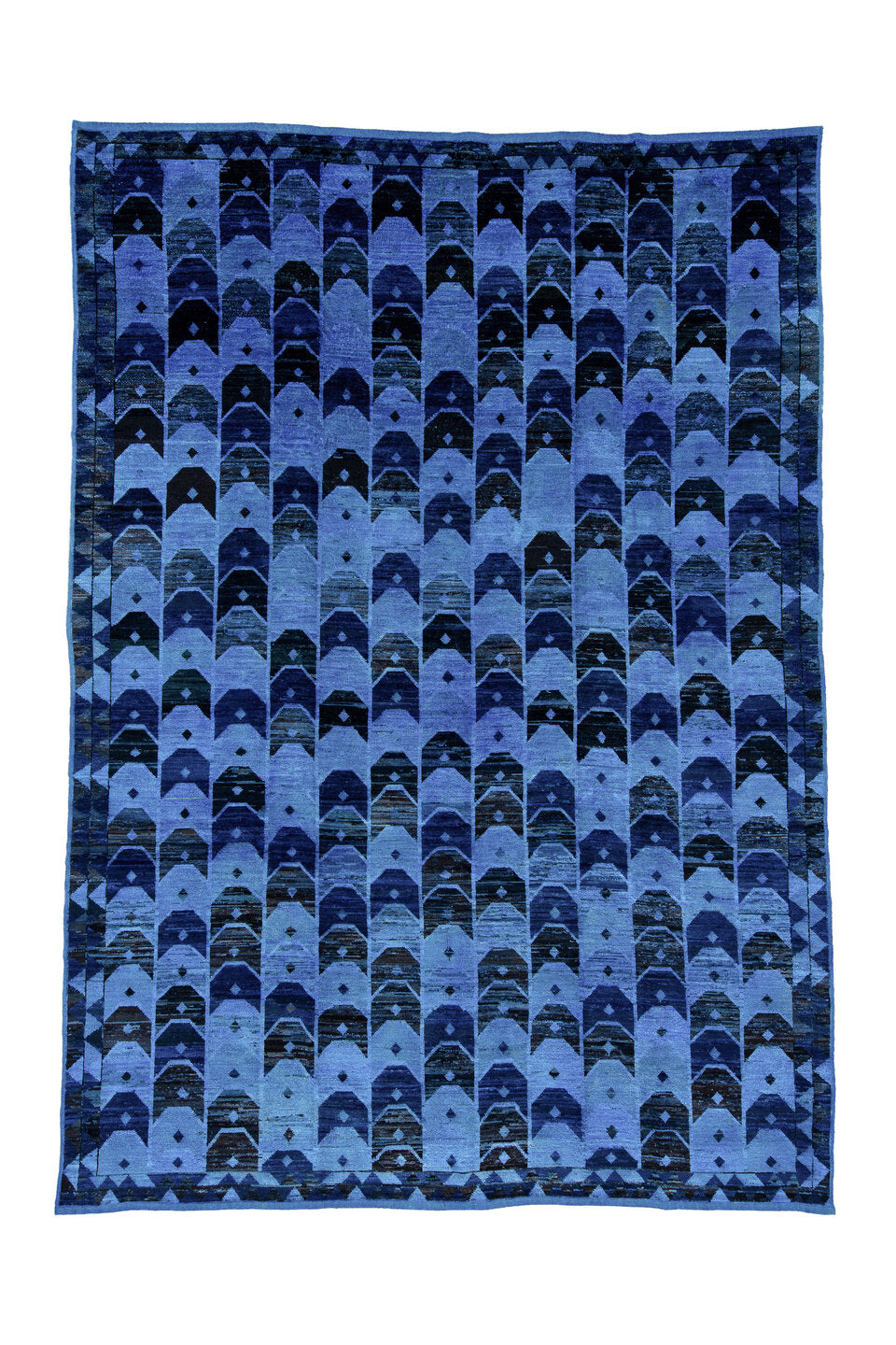 10' x 14' one-of-a-kind handmade vintage Tulu large size rug. Color palette: black, blue, gray, light blue, light gray