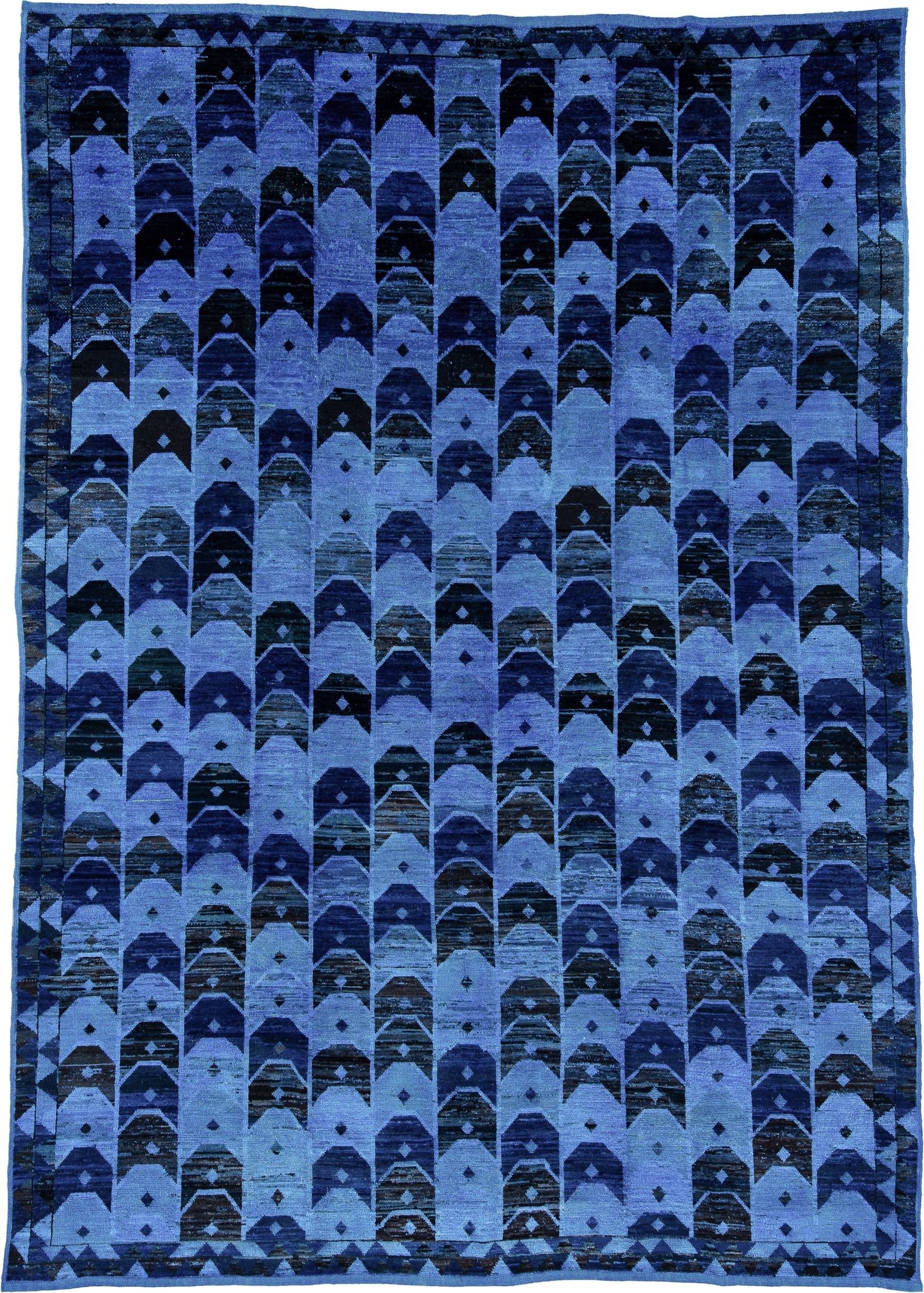 10' x 14' one-of-a-kind handmade vintage Tulu large size rug. Color palette: indigo, sky blue, navy, cobalt, slate, charcoal
