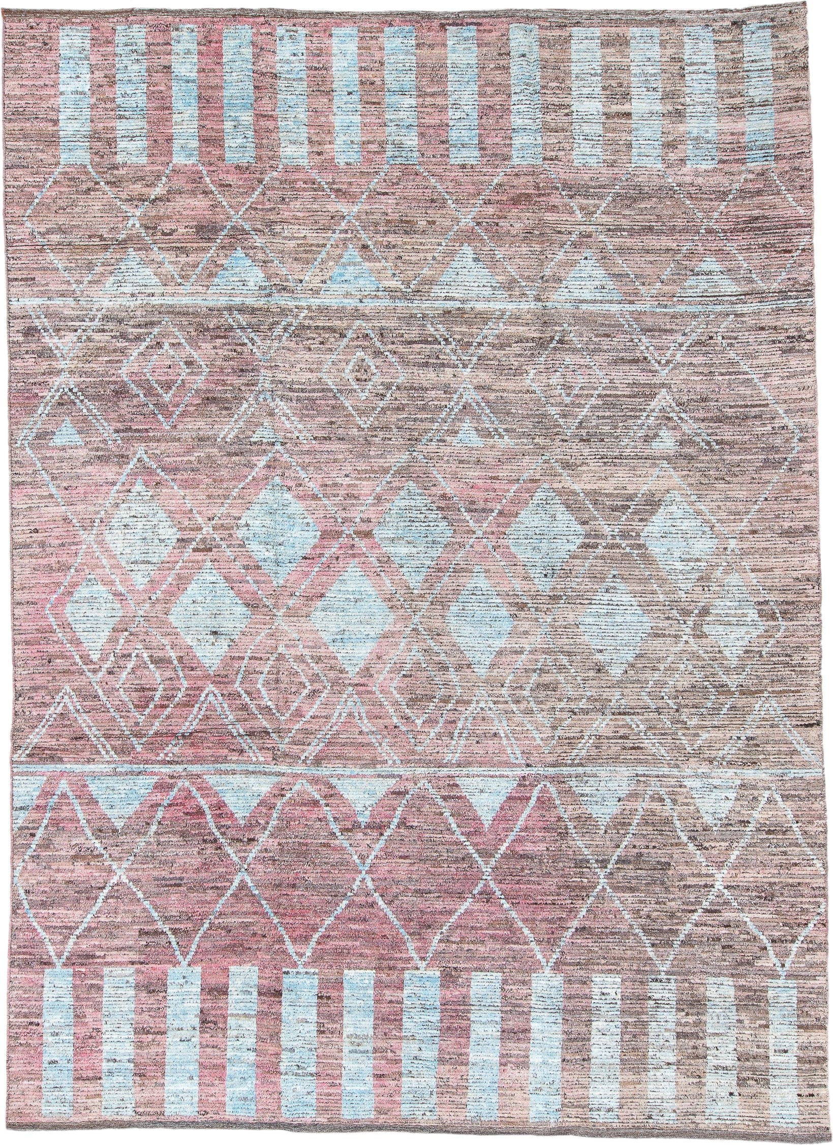 10' x 13' one-of-a-kind handmade vintage Tulu large size rug. Color palette: rose, taupe, ivory, dusty pink, camel, brown