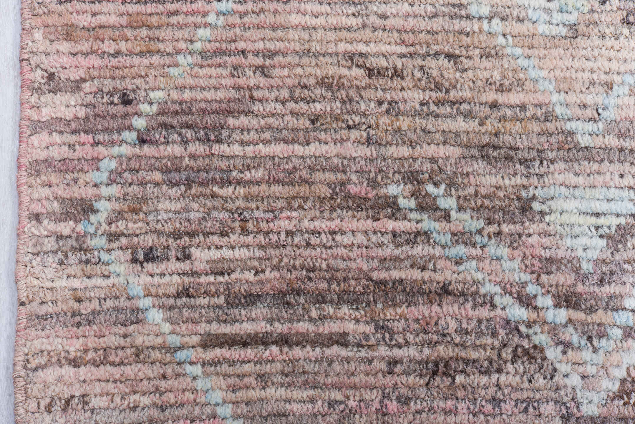 10' x 13' one-of-a-kind handmade vintage Tulu large size rug. Color palette: rose, taupe, ivory, dusty pink, camel, brown