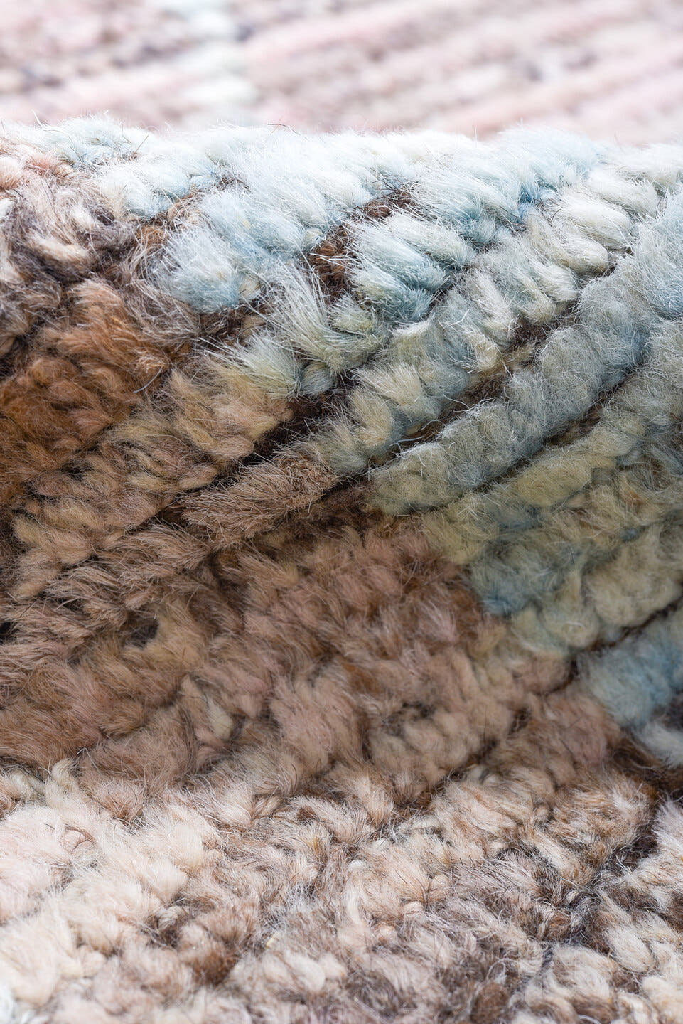 10' x 13' one-of-a-kind handmade vintage Tulu large size rug. Color palette: rose, taupe, ivory, dusty pink, camel, brown