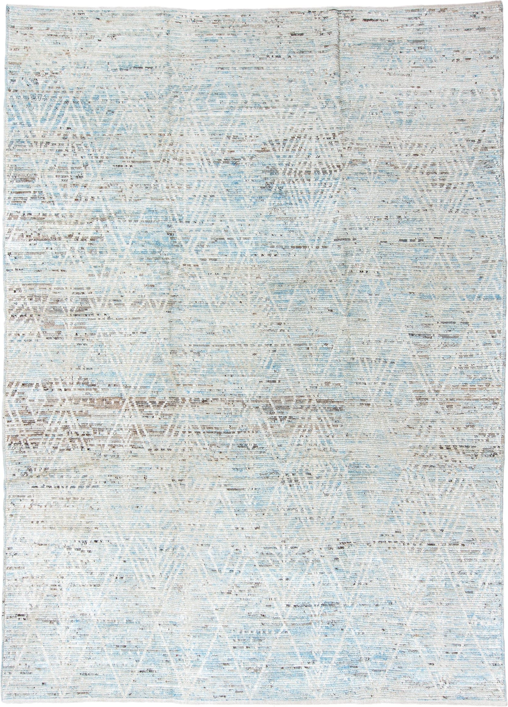 9' x 13' one-of-a-kind handmade vintage Tulu large size rug. Color palette: ivory, pale blue, taupe, light gray, light blue
