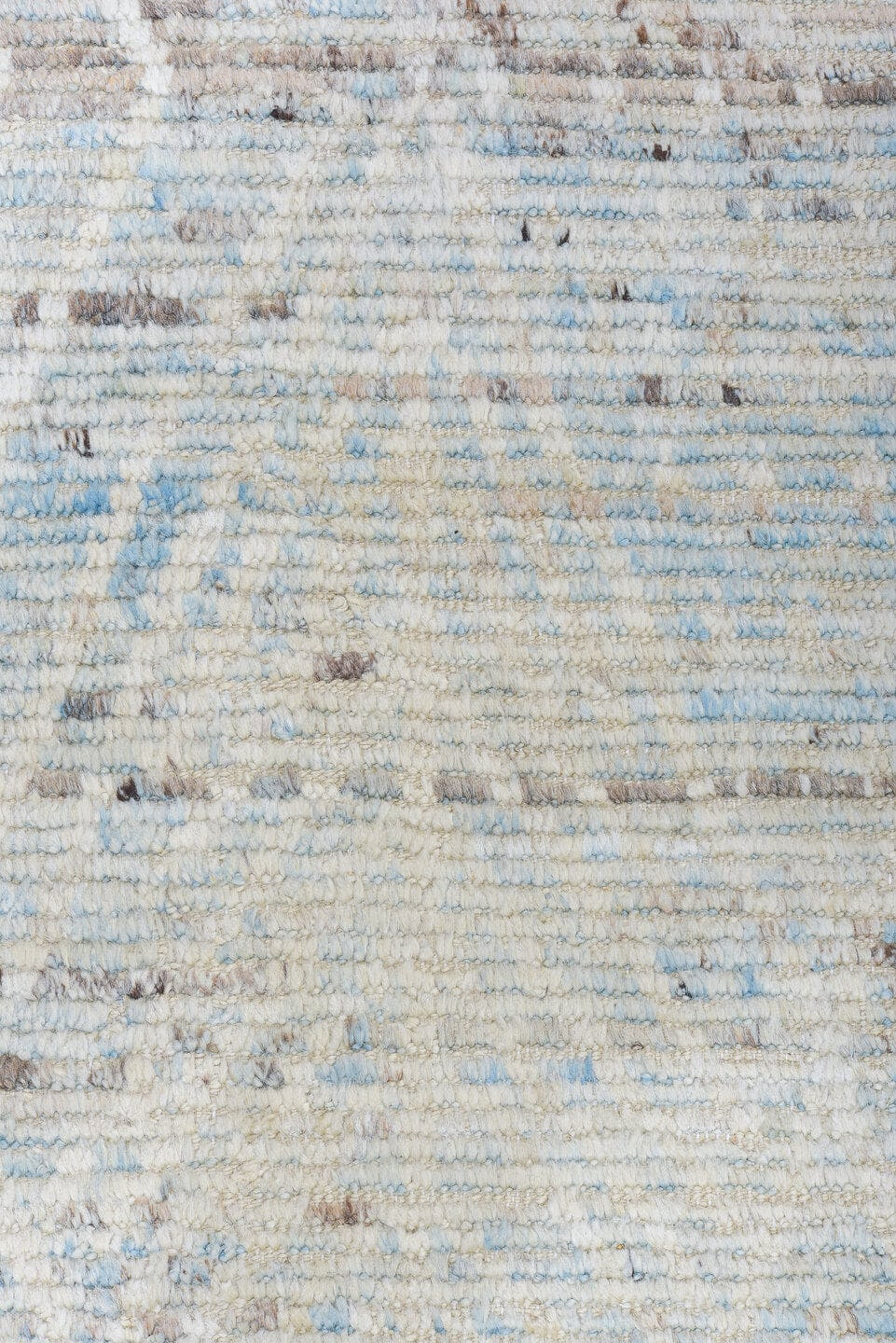 9' x 13' one-of-a-kind handmade vintage Tulu large size rug. Color palette: ivory, pale blue, taupe, light gray, light blue