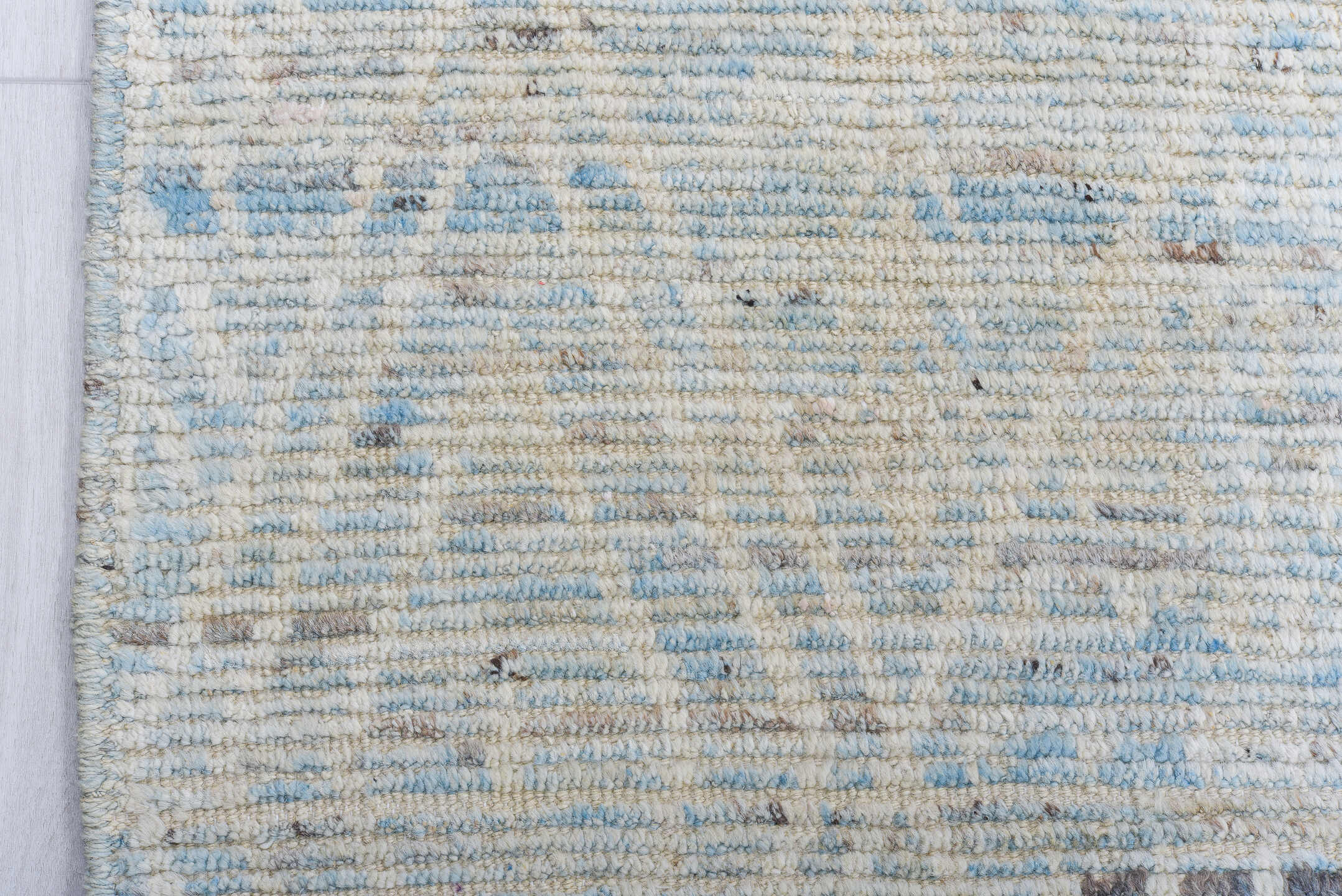 9' x 13' one-of-a-kind handmade vintage Tulu large size rug. Color palette: ivory, pale blue, taupe, light gray, light blue