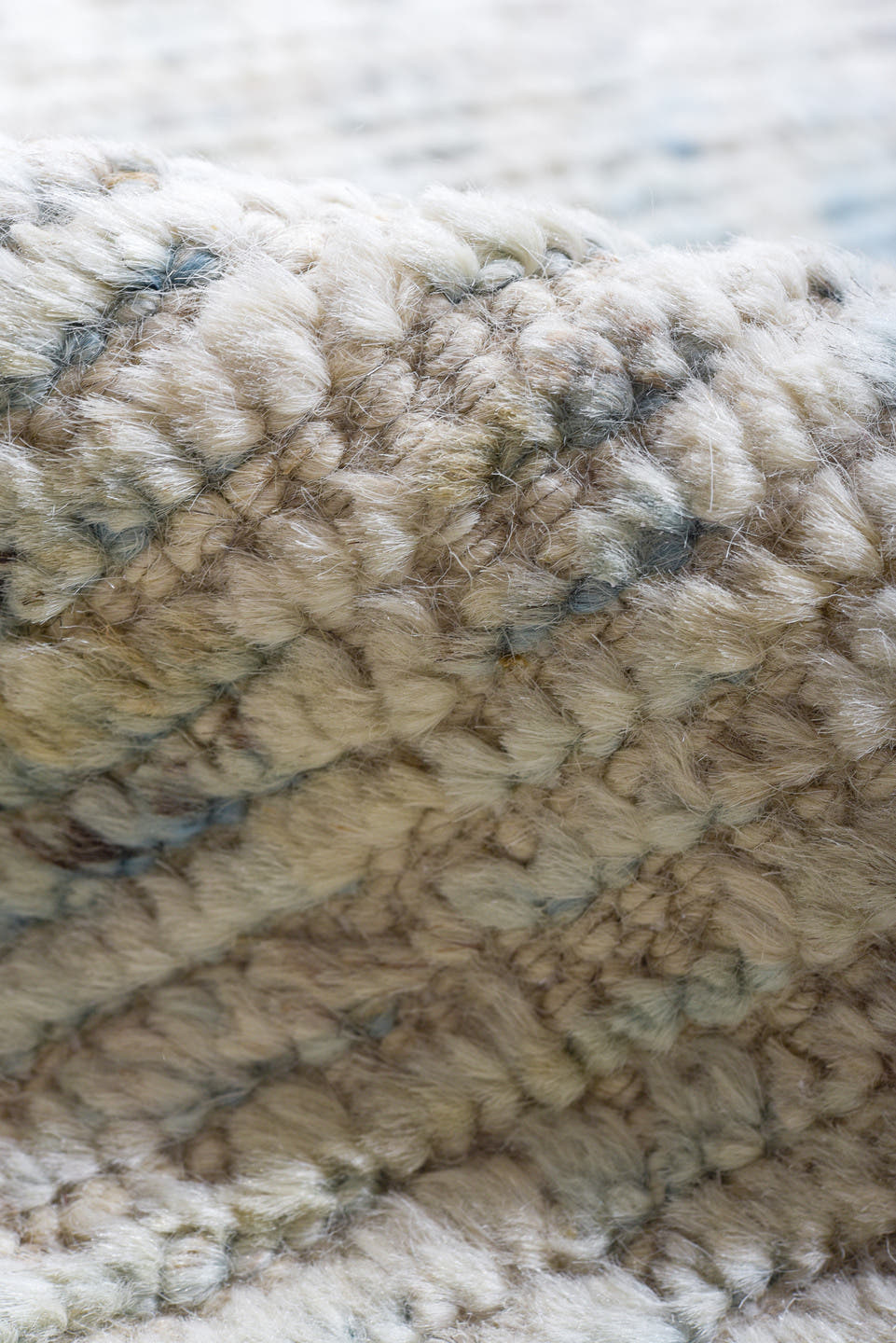 9' x 13' one-of-a-kind handmade vintage Tulu large size rug. Color palette: ivory, pale blue, taupe, light gray, light blue