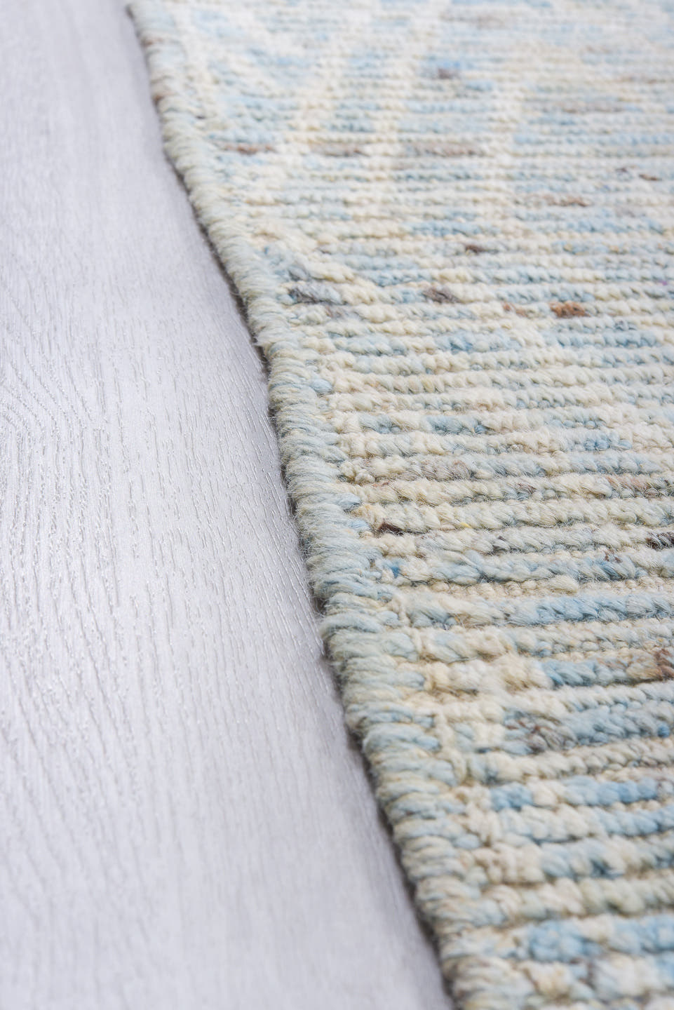 9' x 13' one-of-a-kind handmade vintage Tulu large size rug. Color palette: ivory, pale blue, taupe, light gray, light blue