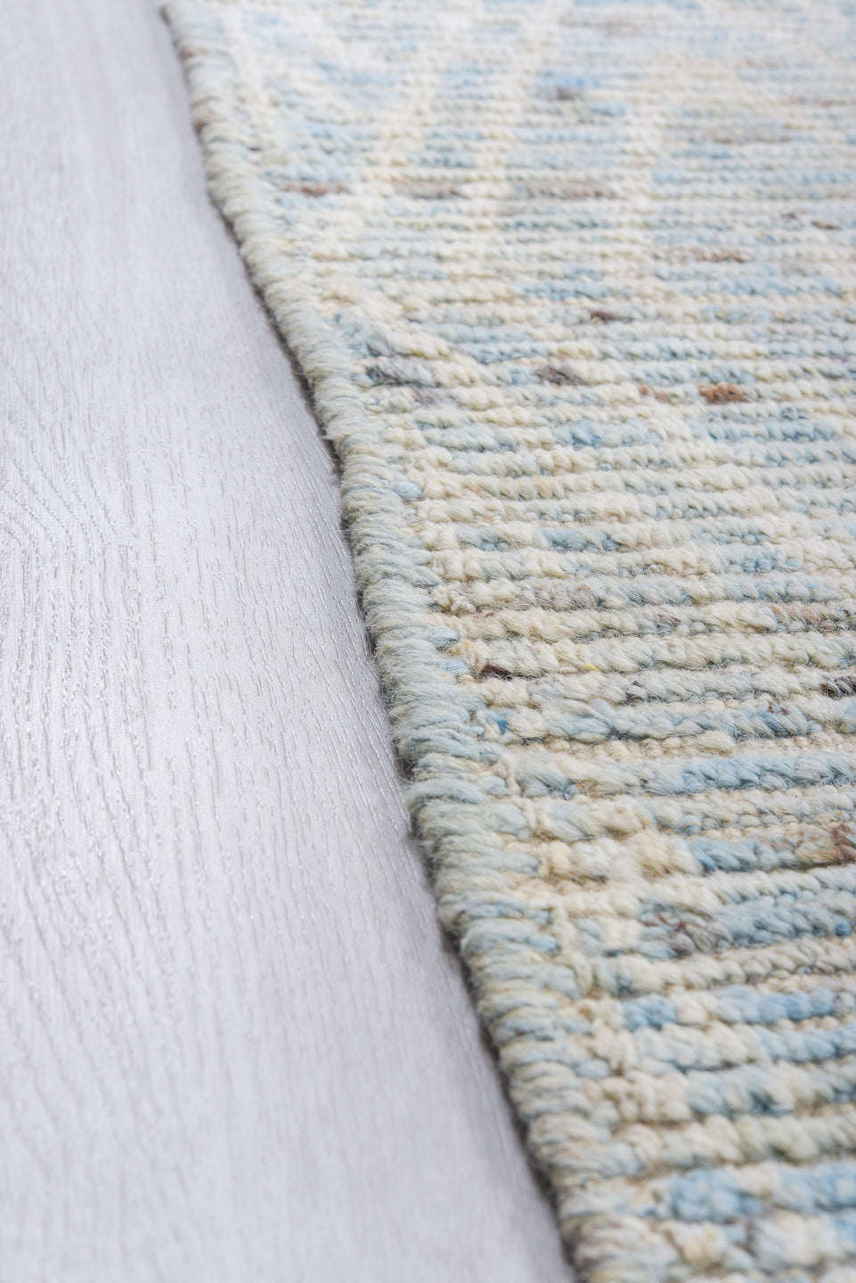 9' x 13' one-of-a-kind handmade vintage Tulu large size rug. Color palette: ivory, pale blue, taupe, light gray, light blue