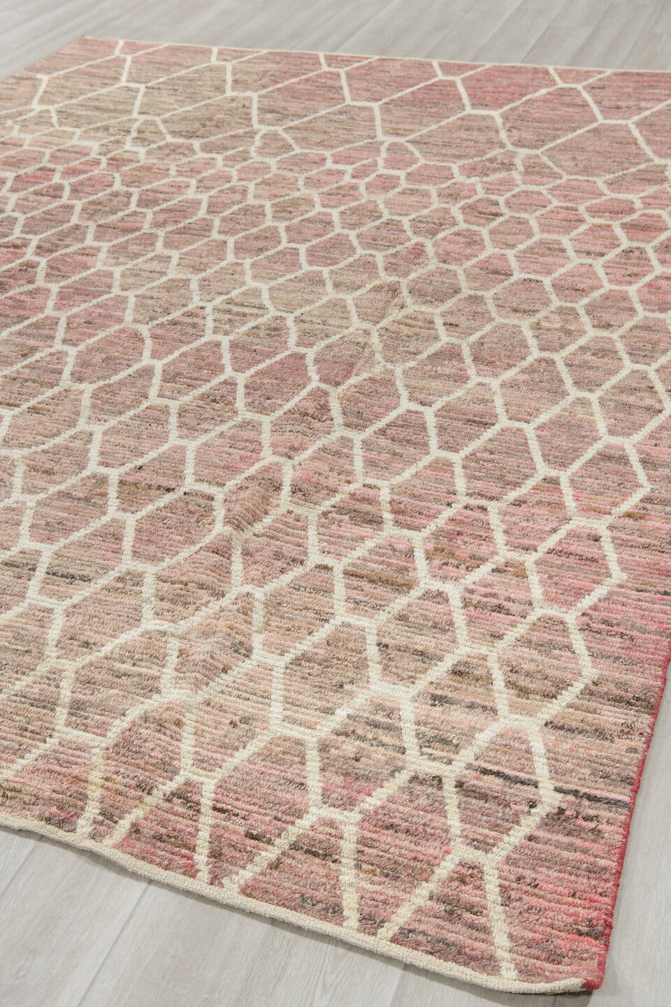 9' x 11' one-of-a-kind handmade vintage Tulu large size rug. Color palette: blush, taupe, ivory, rose, beige, pink, gray