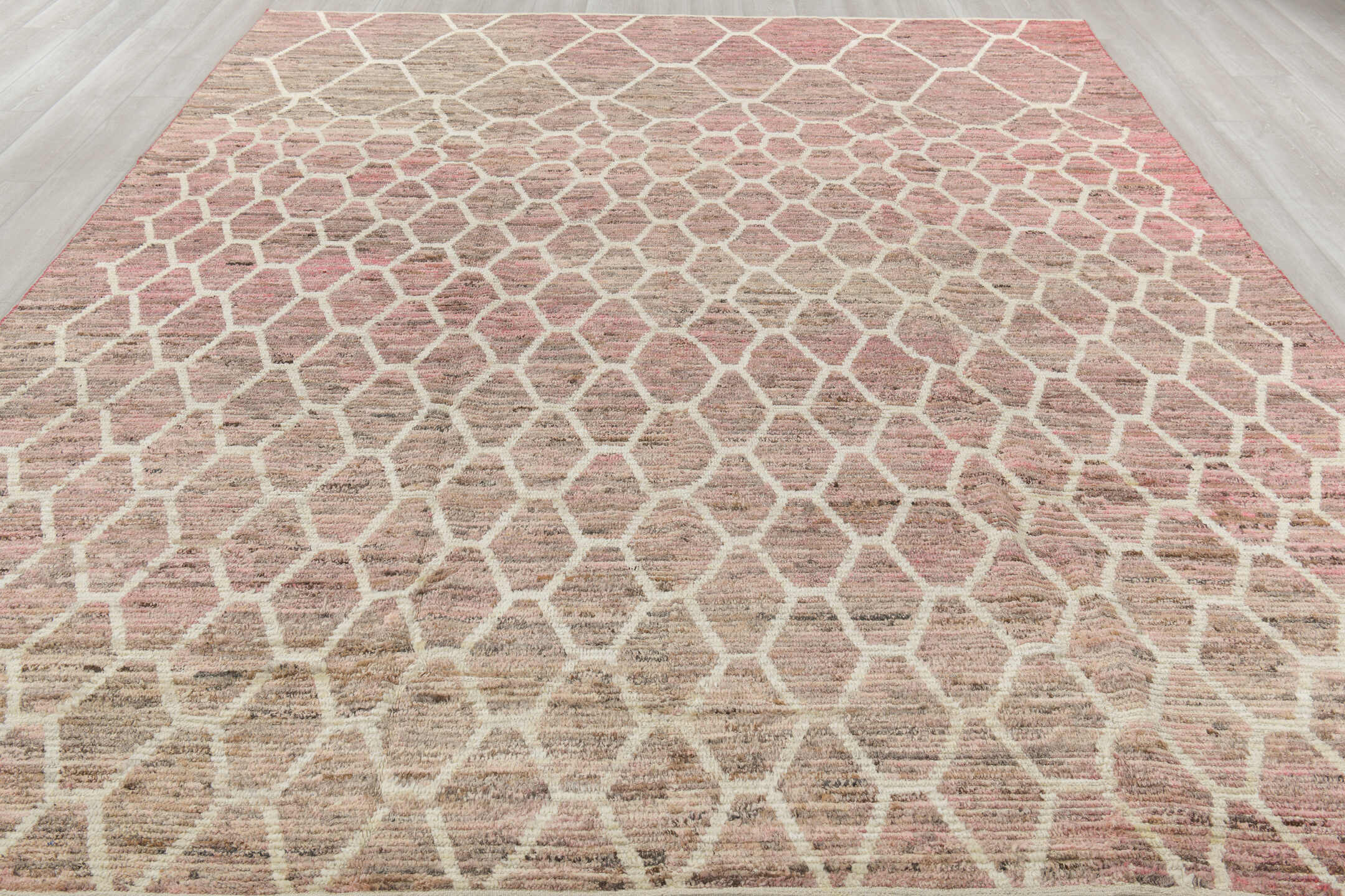 9' x 11' one-of-a-kind handmade vintage Tulu large size rug. Color palette: black, brown, gray, light gray, off-white, pink