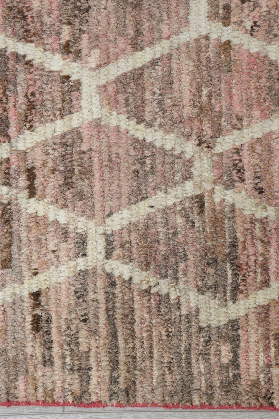 9' x 11' one-of-a-kind handmade vintage Tulu large size rug. Color palette: blush, taupe, ivory, rose, beige, pink, gray