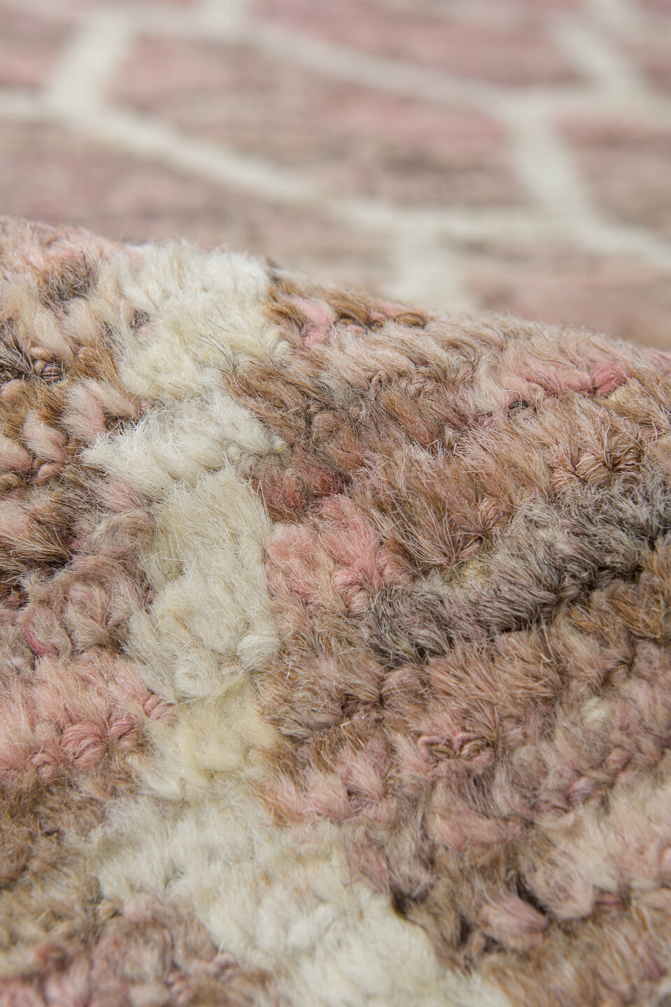 9' x 11' one-of-a-kind handmade vintage Tulu large size rug. Color palette: blush, taupe, ivory, rose, beige, pink, gray