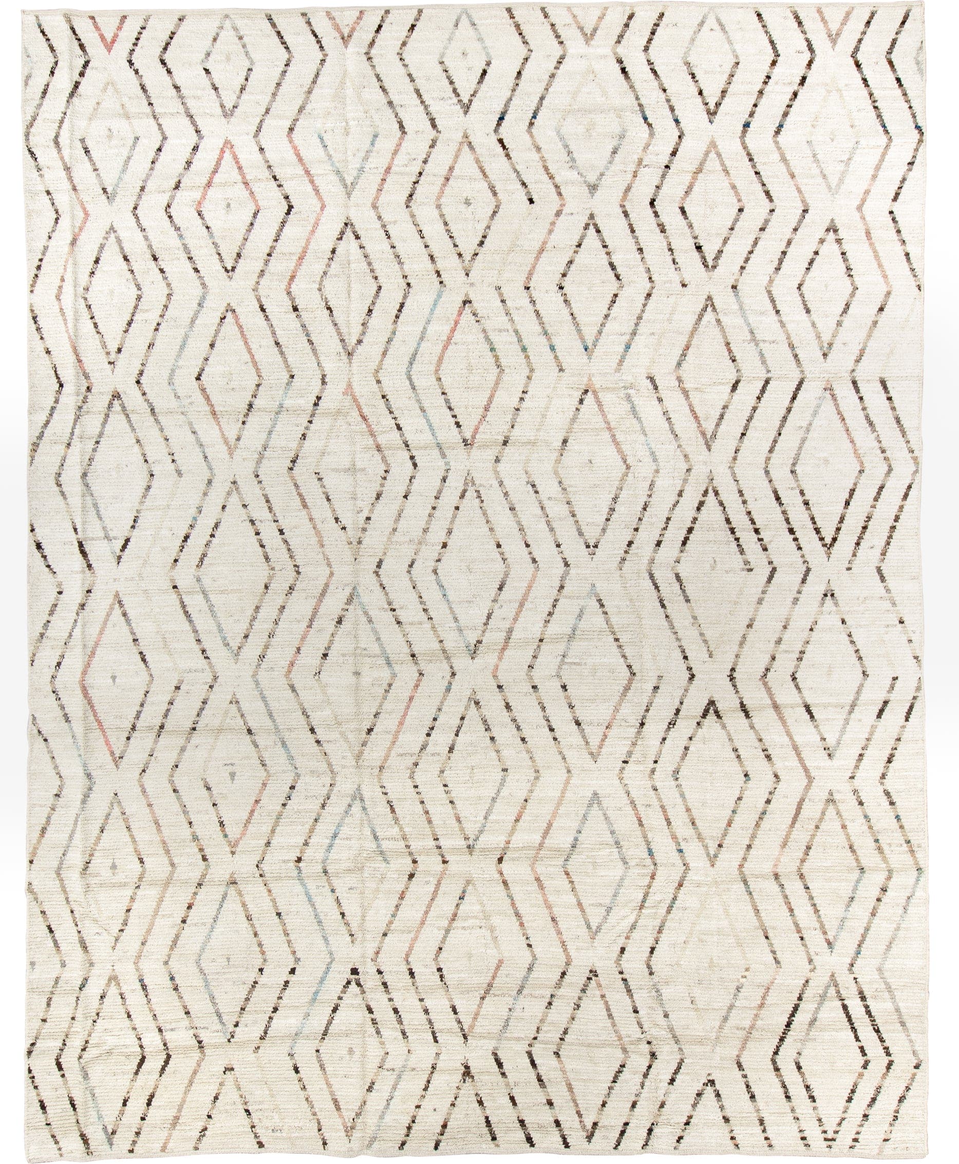10' x 13' one-of-a-kind handmade vintage Tulu large size rug. Color palette: ivory, brown, taupe, pale blue, blush, cream