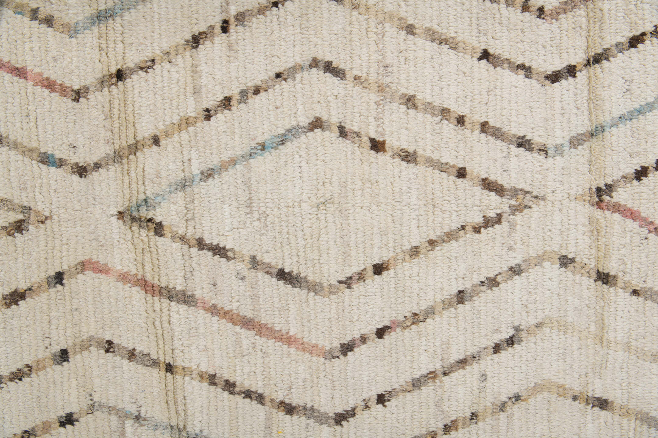 10' x 13' one-of-a-kind handmade vintage Tulu large size rug. Color palette: ivory, brown, taupe, pale blue, blush, cream