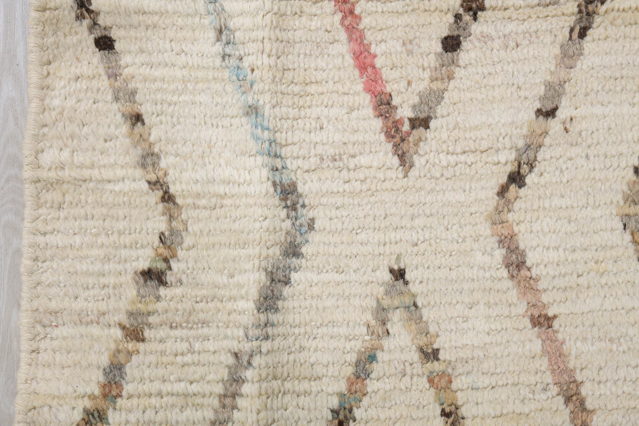 10' x 13' one-of-a-kind handmade vintage Tulu large size rug. Color palette: ivory, brown, taupe, pale blue, blush, cream