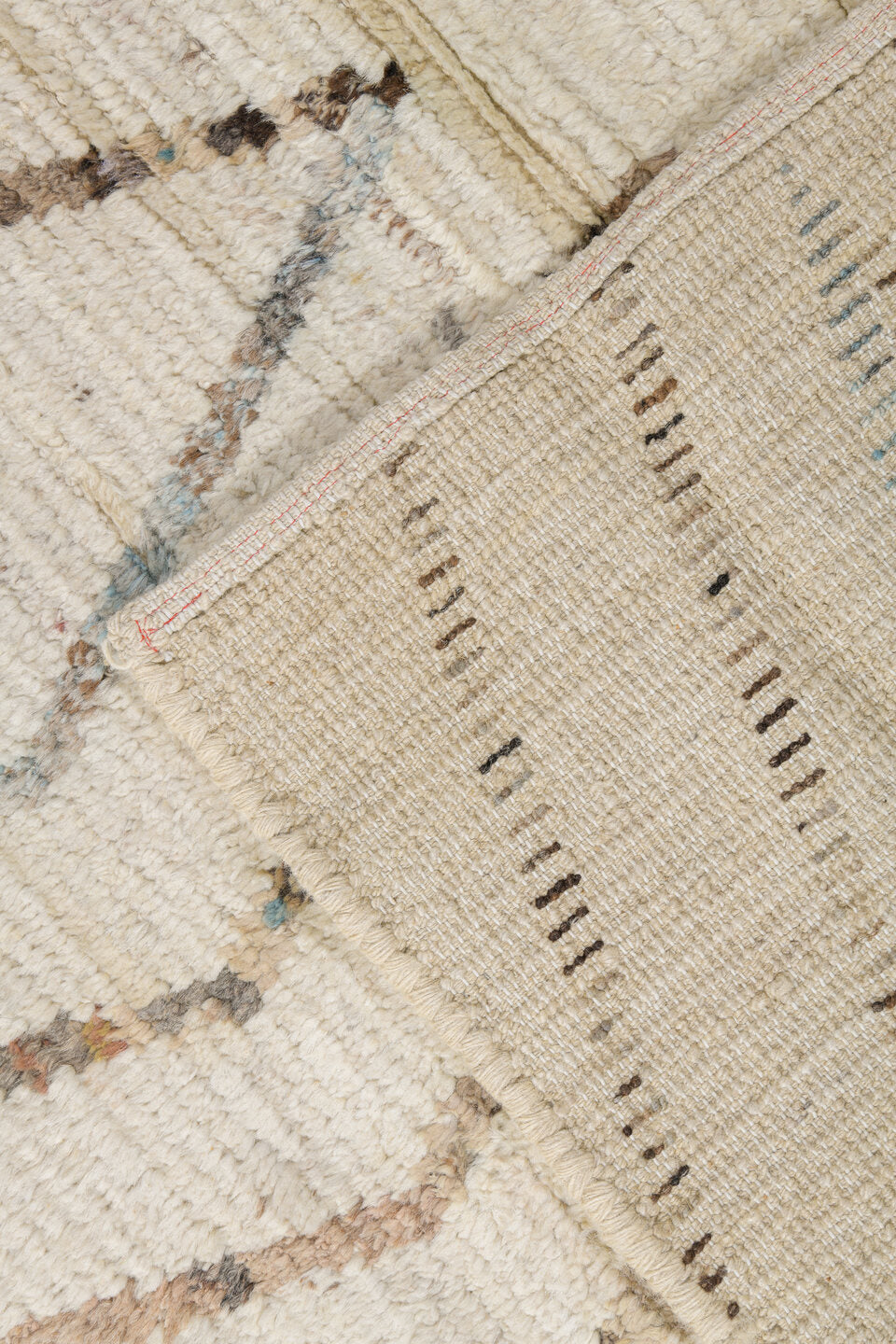 10' x 13' one-of-a-kind handmade vintage Tulu large size rug. Color palette: ivory, brown, taupe, pale blue, blush, cream
