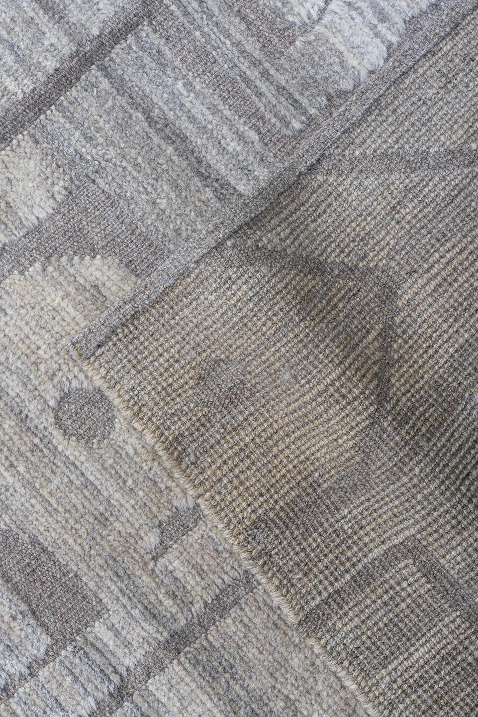 12' x 13' one-of-a-kind handmade vintage Tulu oversize rug. Color palette: ivory, taupe, gray, greige, beige
