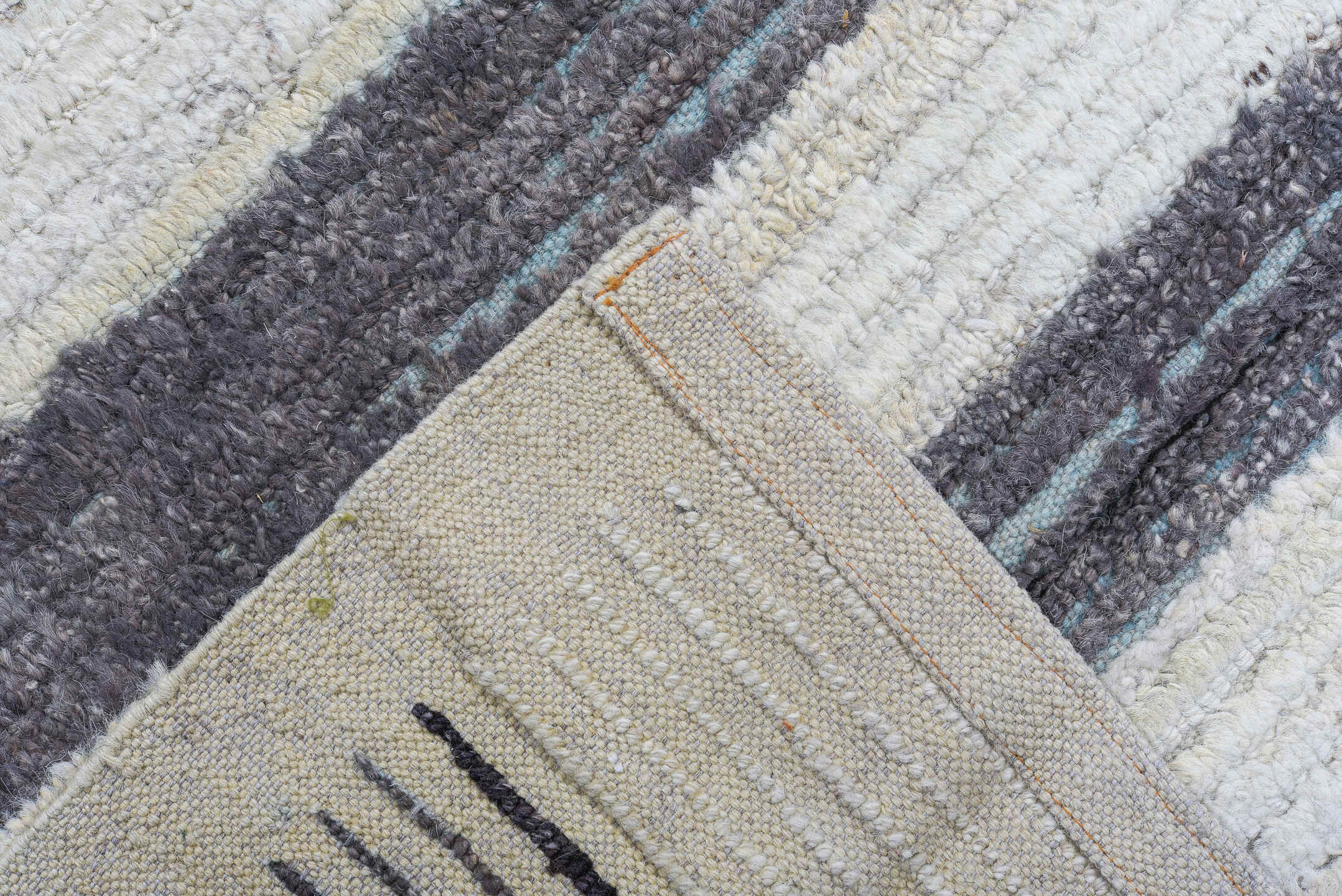 10' x 13' one-of-a-kind handmade vintage Tulu large size rug. Color palette: ivory, charcoal, gray, taupe, black, beige