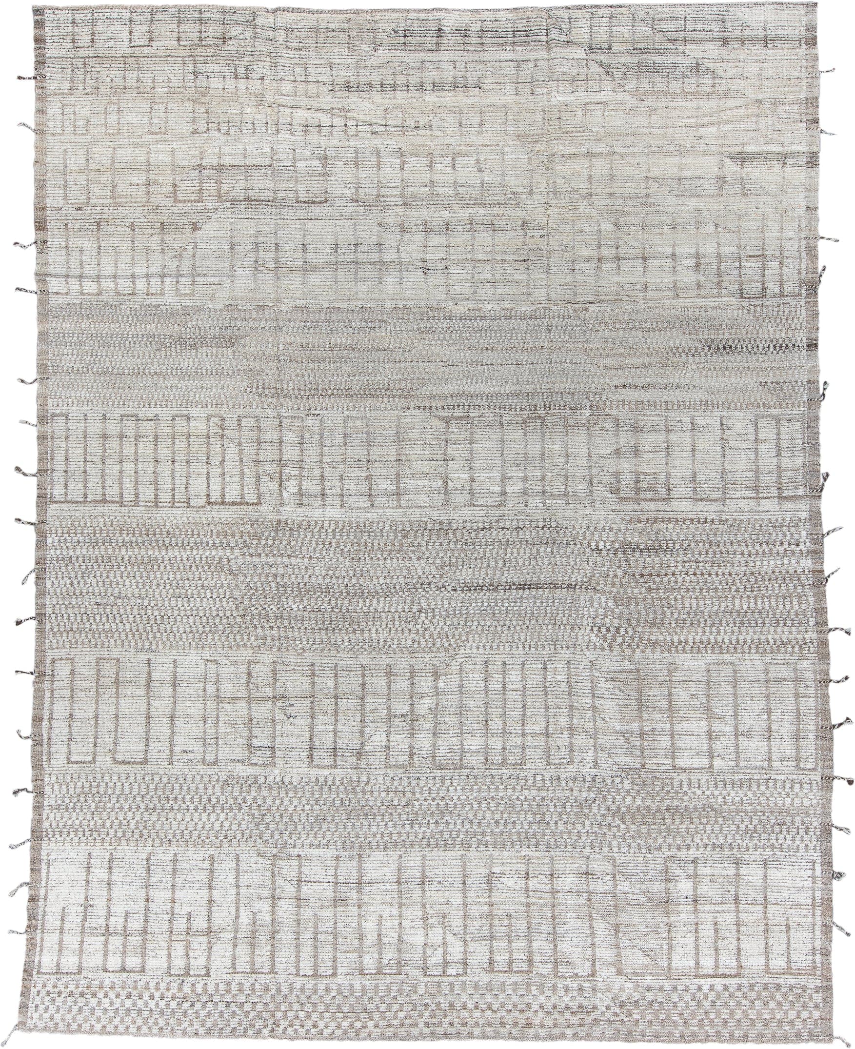 9' x 12' one-of-a-kind handmade vintage Tulu large size rug. Color palette: ivory, taupe, beige, light gray, gray