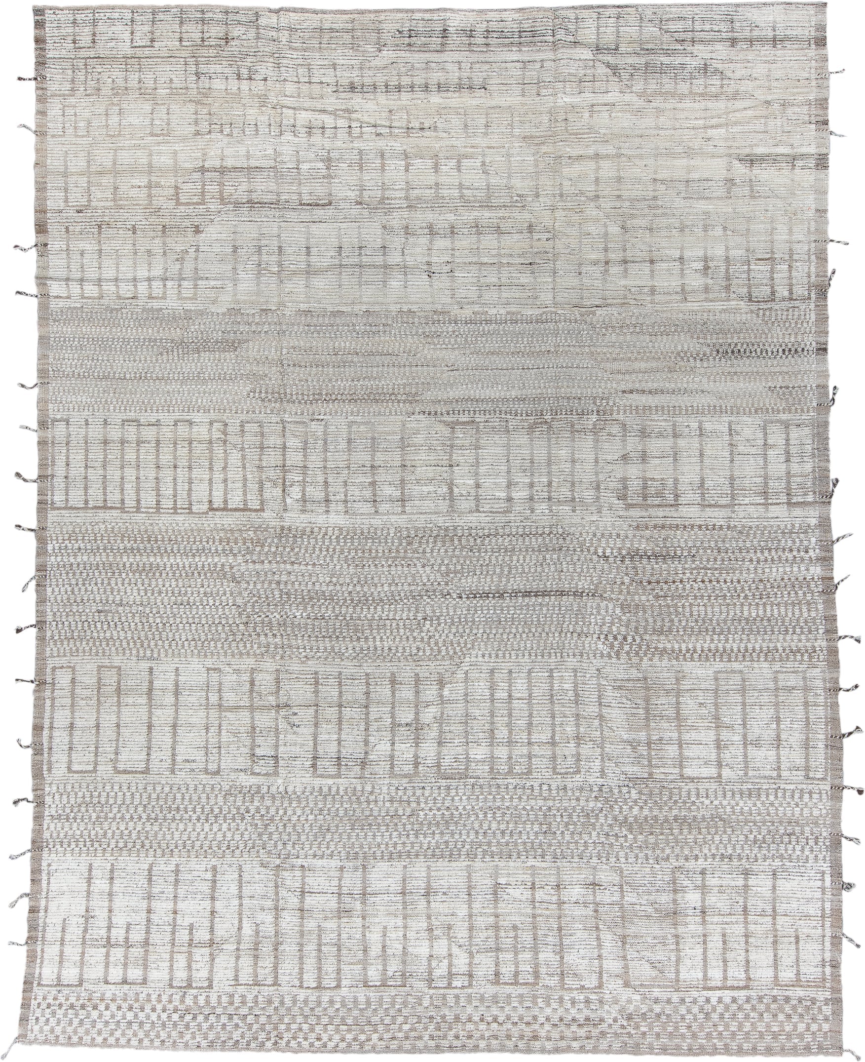 9' x 12' one-of-a-kind handmade vintage Tulu large size rug. Color palette: ivory, taupe, beige, light gray, gray