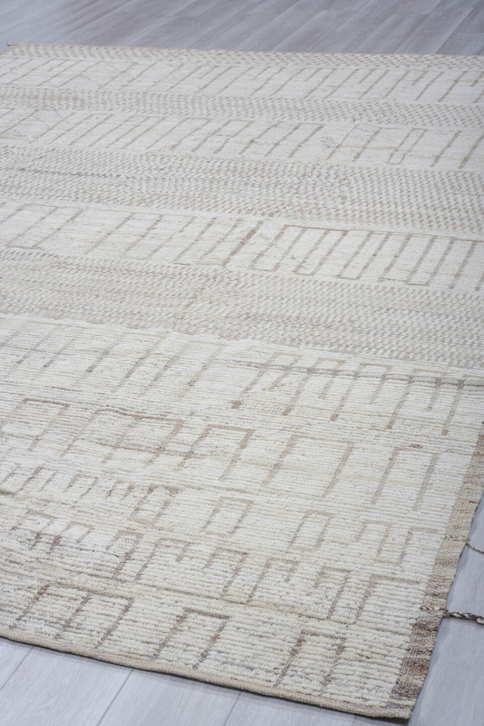 9' x 12' one-of-a-kind handmade vintage Tulu large size rug. Color palette: ivory, taupe, beige, light gray, gray