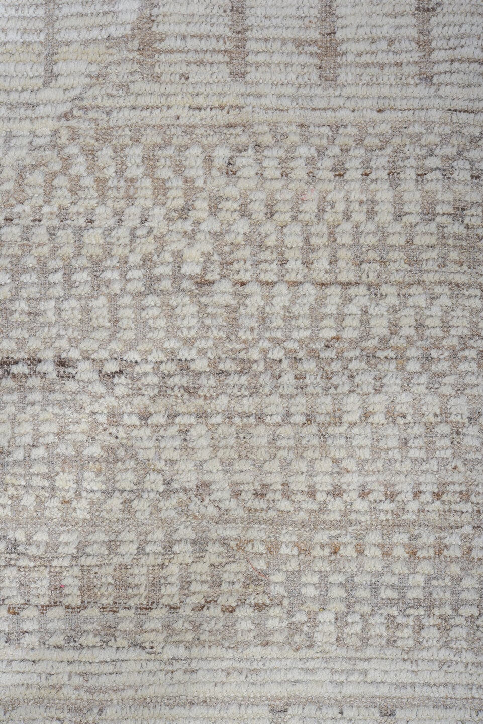 9' x 12' one-of-a-kind handmade vintage Tulu large size rug. Color palette: ivory, taupe, beige, light gray, gray