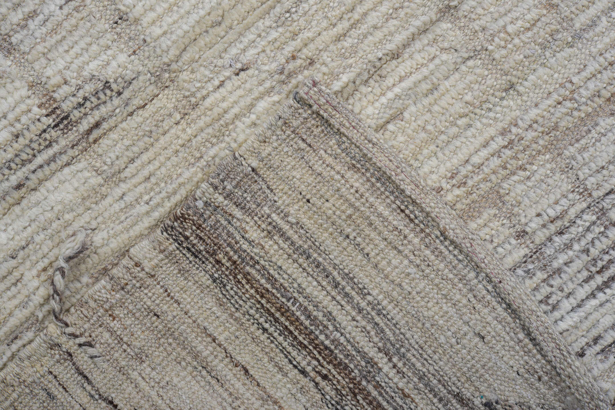 9' x 12' one-of-a-kind handmade vintage Tulu large size rug. Color palette: ivory, taupe, beige, light gray, gray