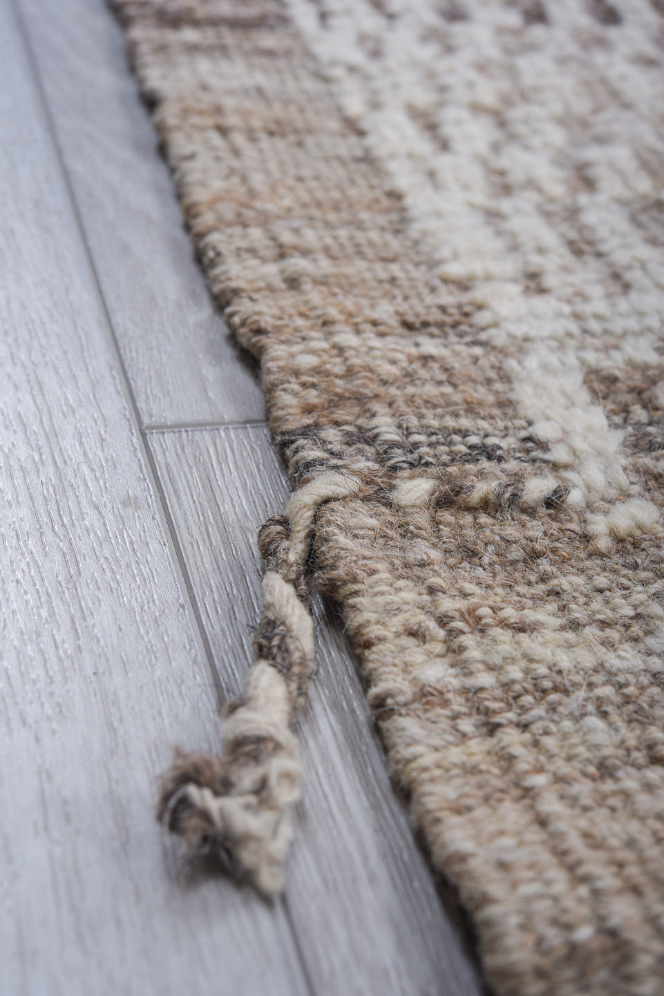 9' x 12' one-of-a-kind handmade vintage Tulu large size rug. Color palette: ivory, taupe, beige, light gray, gray