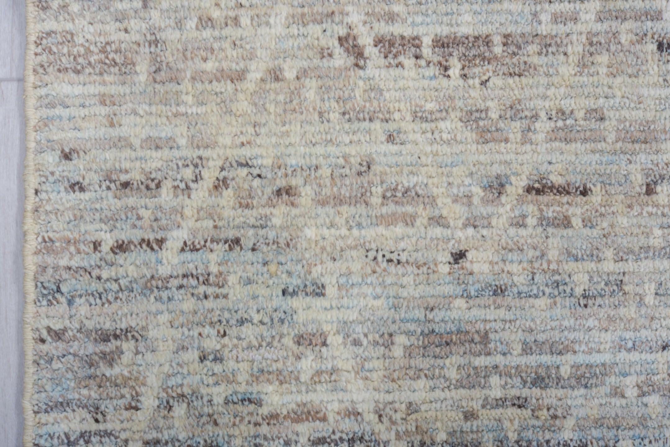 8' x 9' one-of-a-kind handmade vintage Tulu rug. Color palette: ivory, pale blue, taupe, light gray, light blue, beige, gray